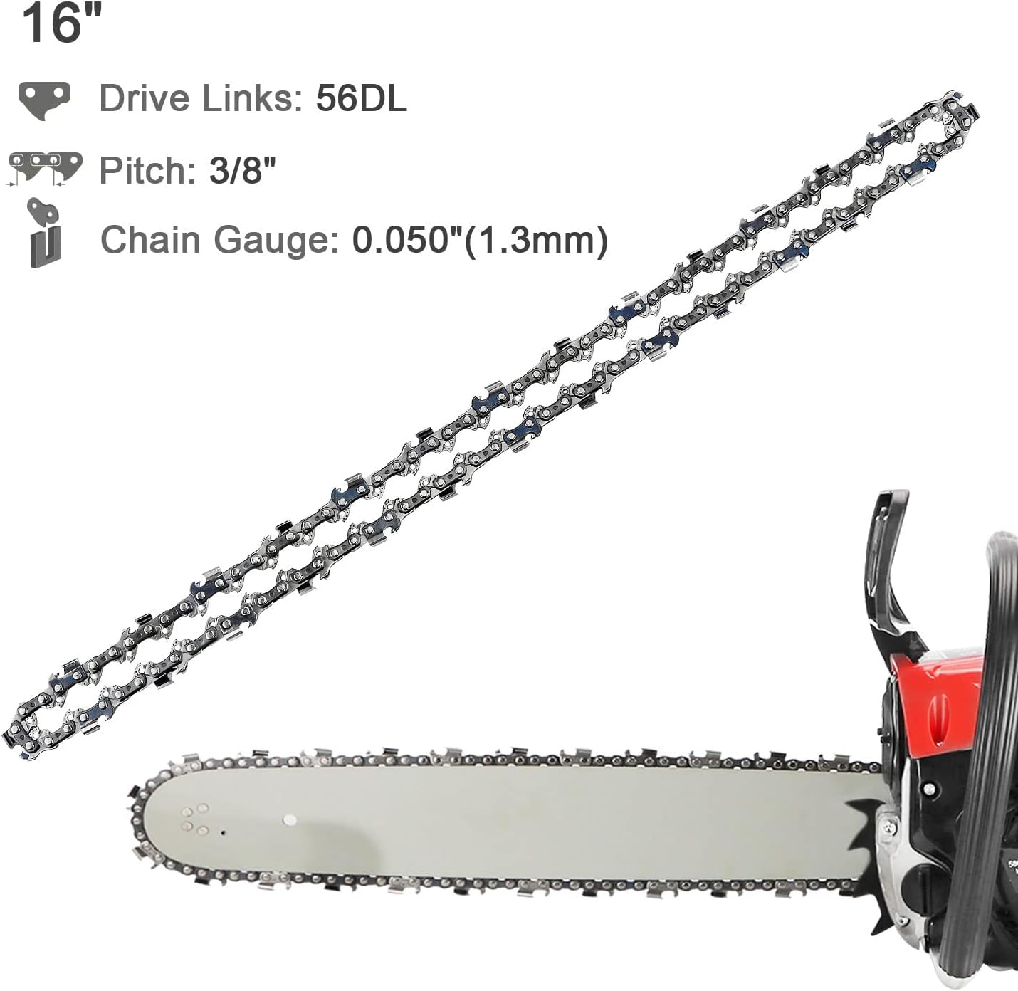 4-Pack 16'' Chainsaw Chains, 3/8'' Pitch, 0.050'' Gauge, 56 Links, Low-Kickback