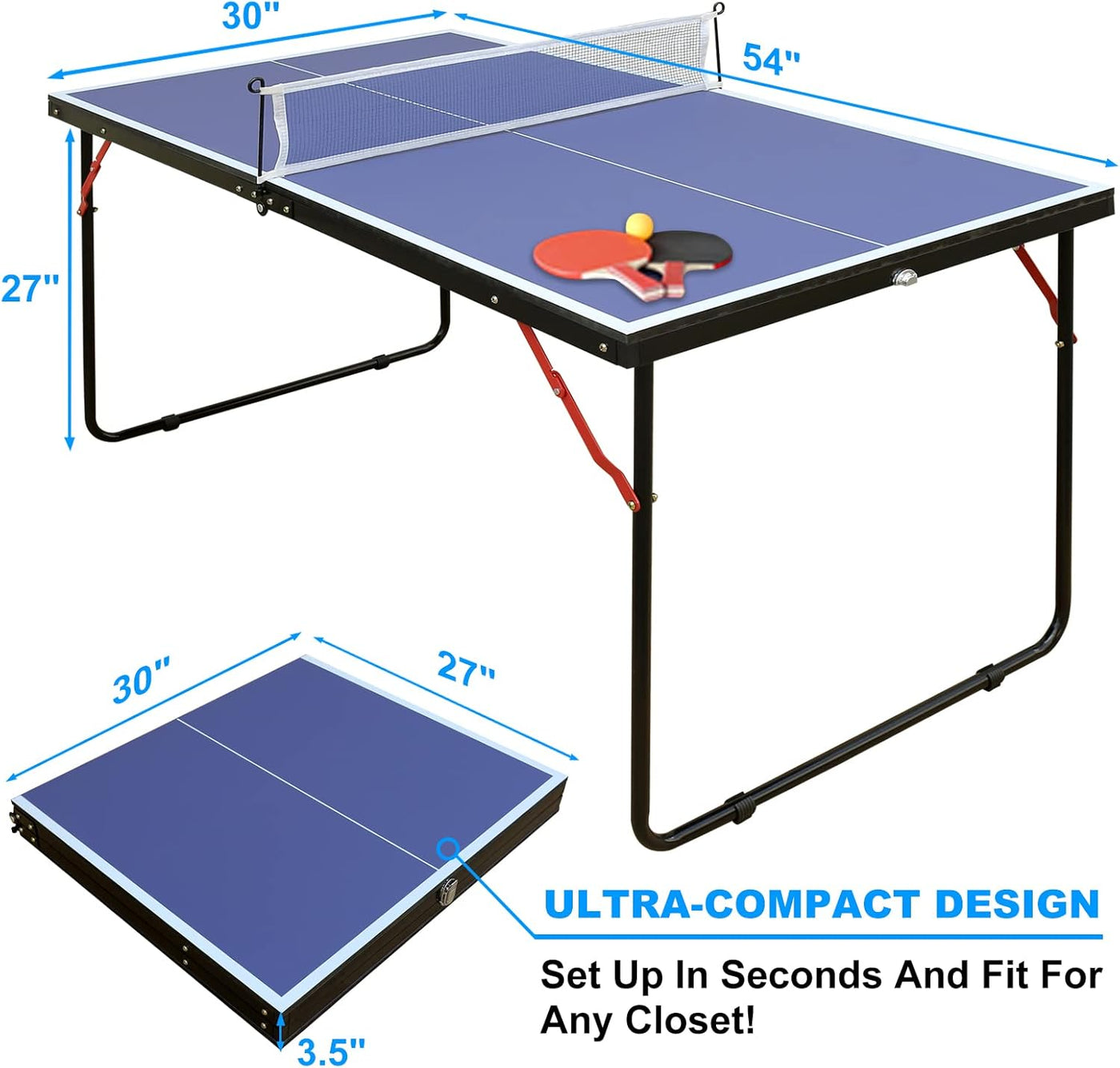 REXOUS Midsize Folding Ping Pong Table Game Set 2 Paddles 3 Balls, Net 30''x54''