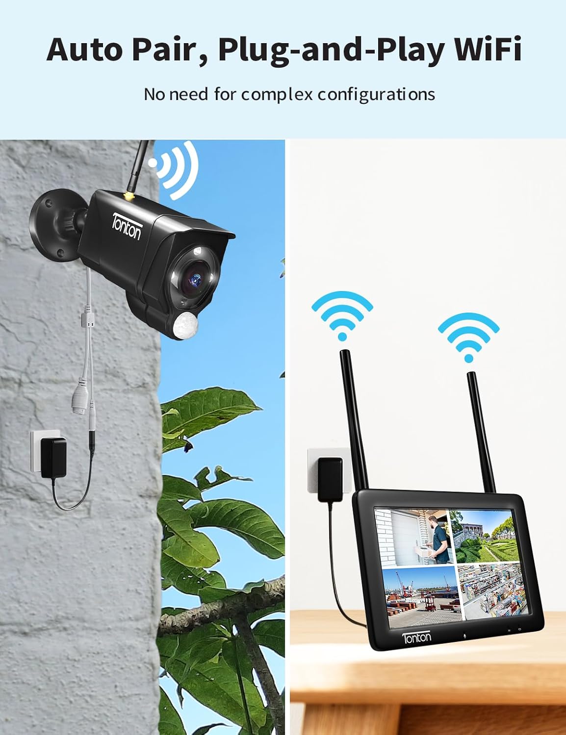 Tonton Wireless CCTV System 4CH NVR,7'' LCD 3MP Cameras Night Vision 2-Way Audio