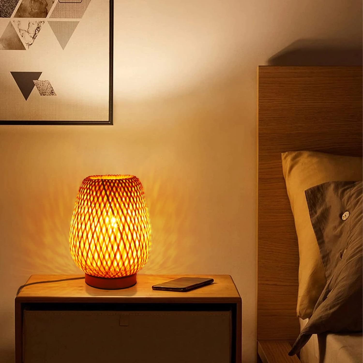 Schindora Boho Bamboo Table Lamp – Handmade Wicker Bedside Light