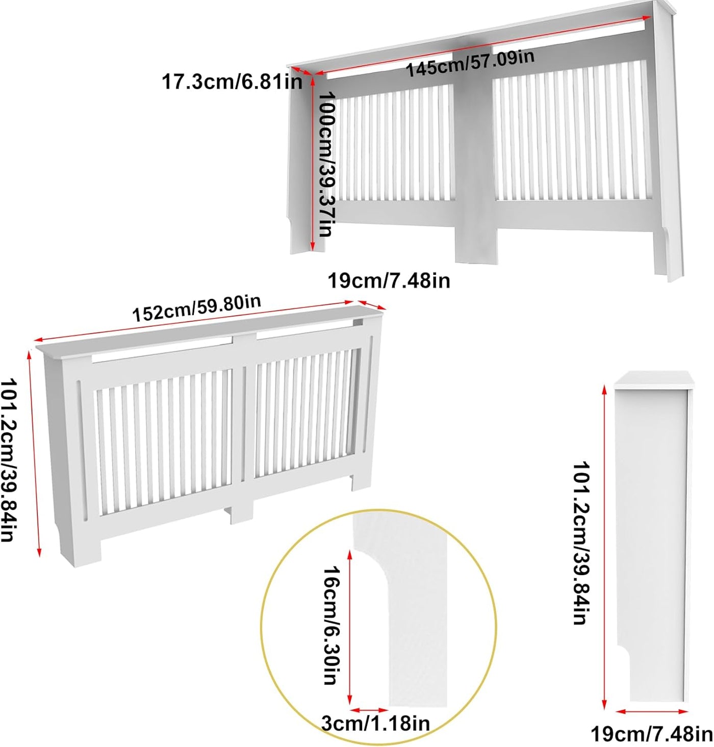 Large White High Radiator Cover Cabinet, 100cm Internal Height, Modern Design