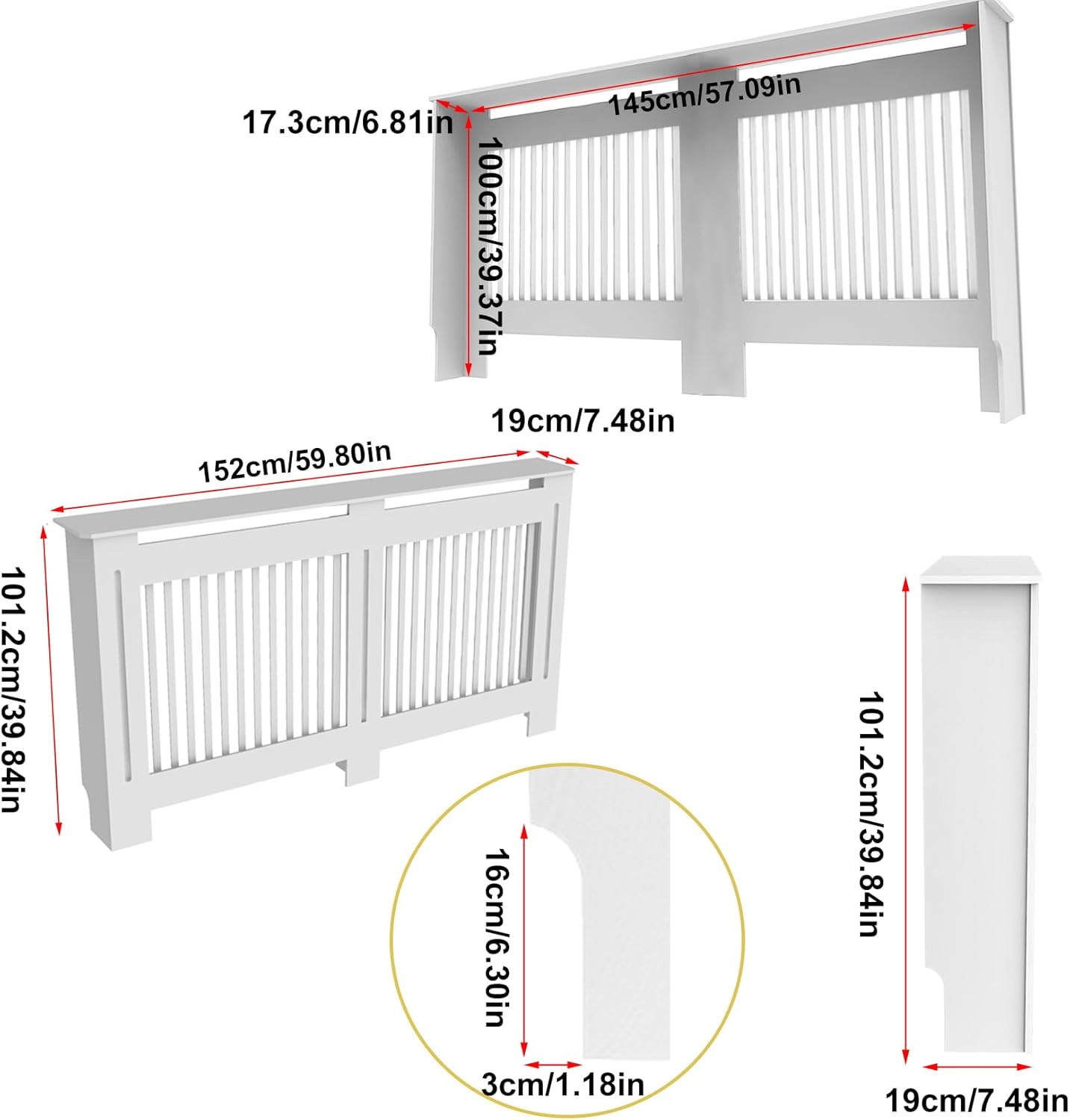 Large White High Radiator Cover Cabinet, 100cm Internal Height, Modern Design
