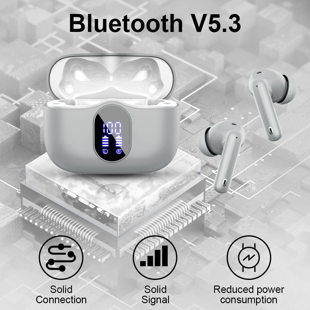 Wireless earbuds with charging case on a technical background, featuring Bluetooth V5.3 text.