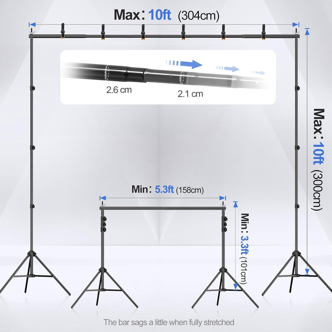 Backdrop Stand 3x3m Photo Studio Support Kit Black With 8 Clamps EMART