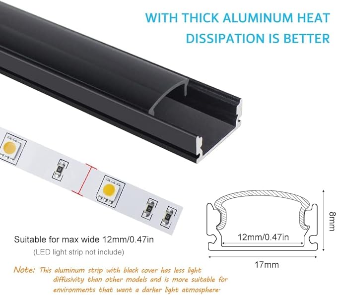12-Pack LightingWill LED Aluminum Profile, 3.3ft U-Shape, Black with Accessories