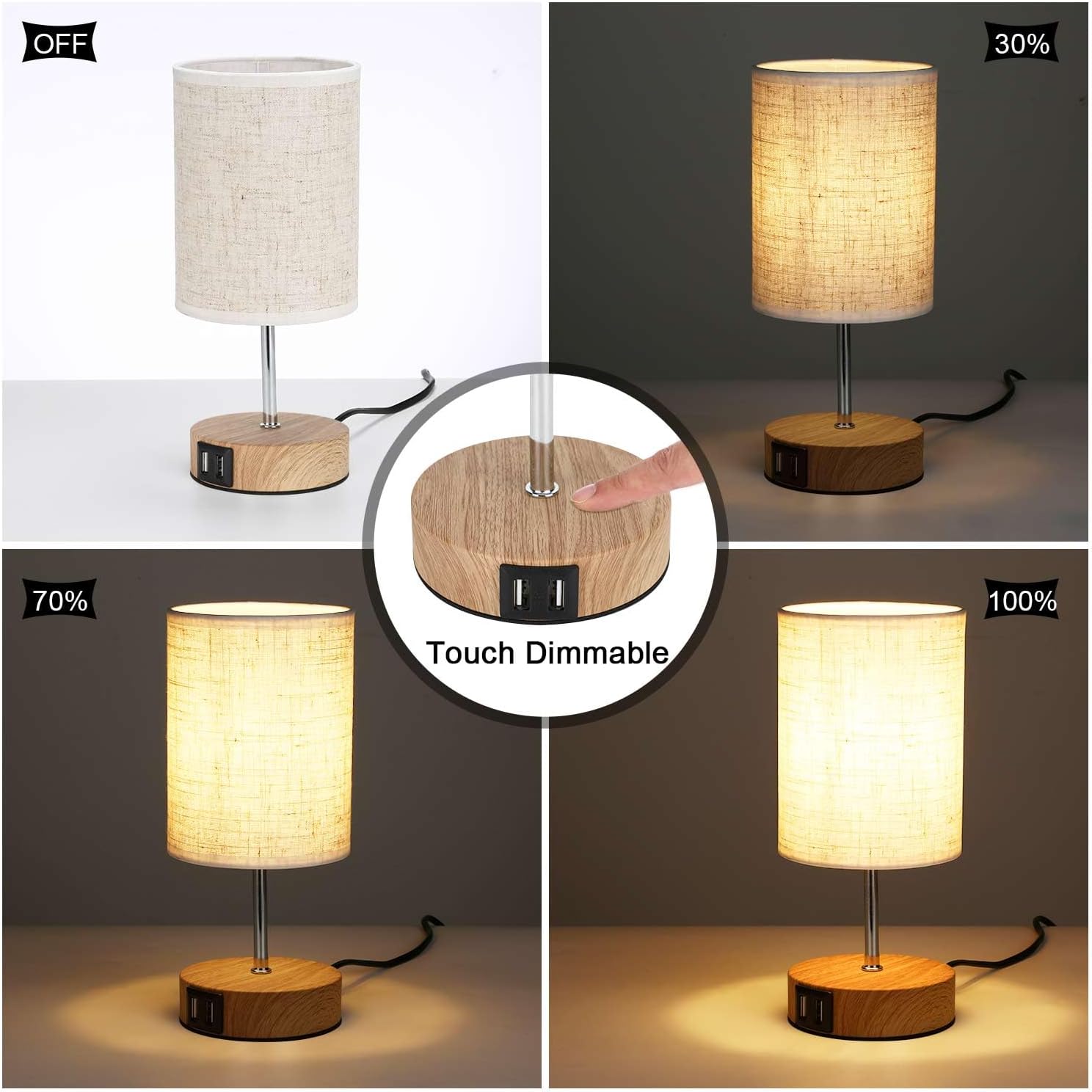 Table lamp with wooden base and fabric shade, showing dimming levels from 30% to 100%.