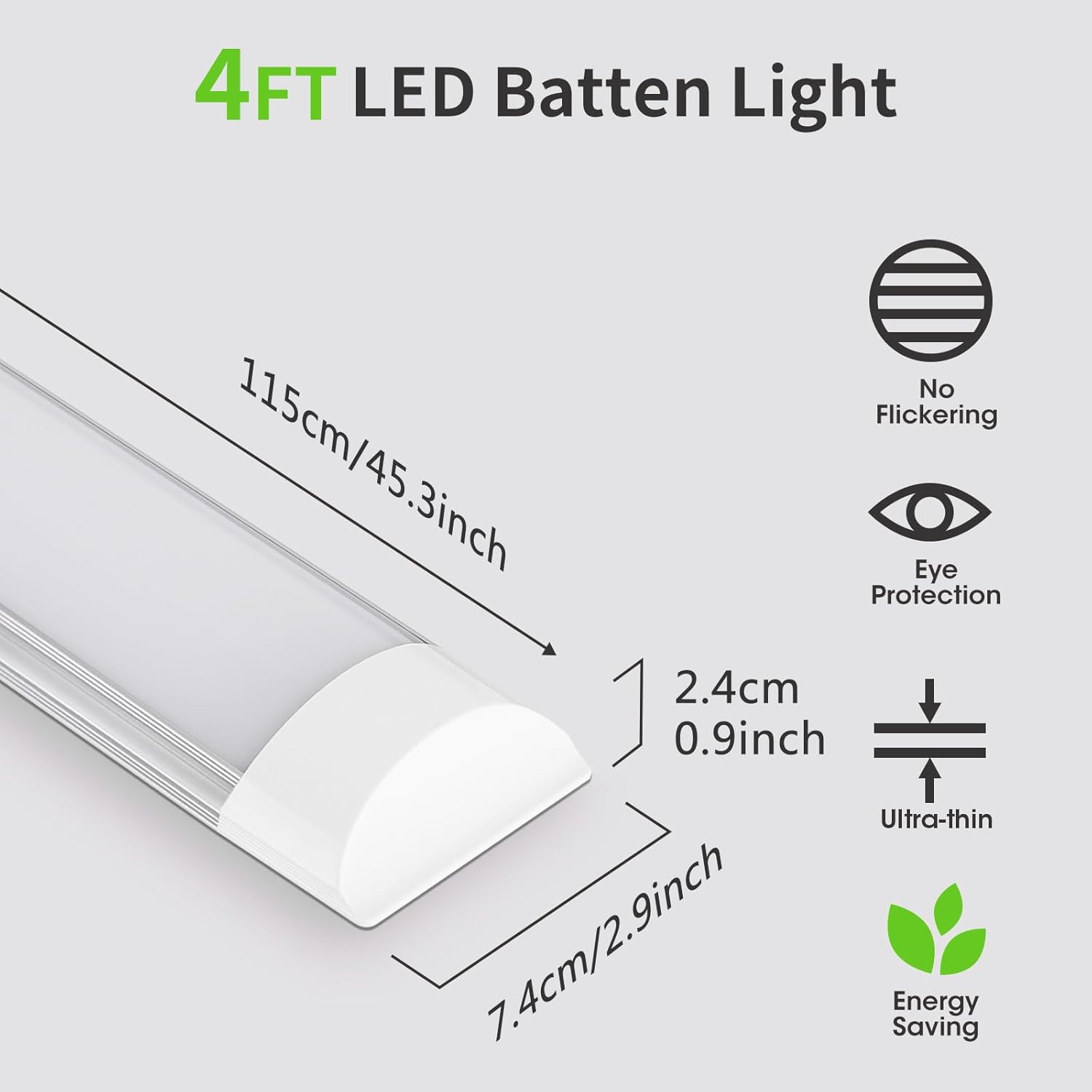 4FT LED Batten Light with dimensions, features, and benefits on a gray background