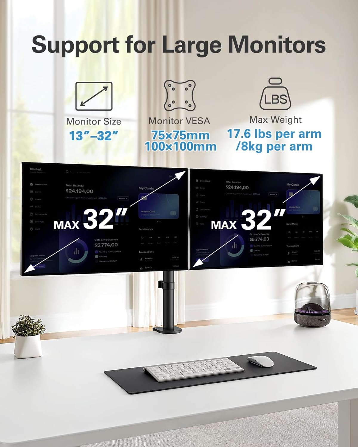 HUANUO Dual Monitor Stand 14–32", Desk Mount Arm, VESA 75/100