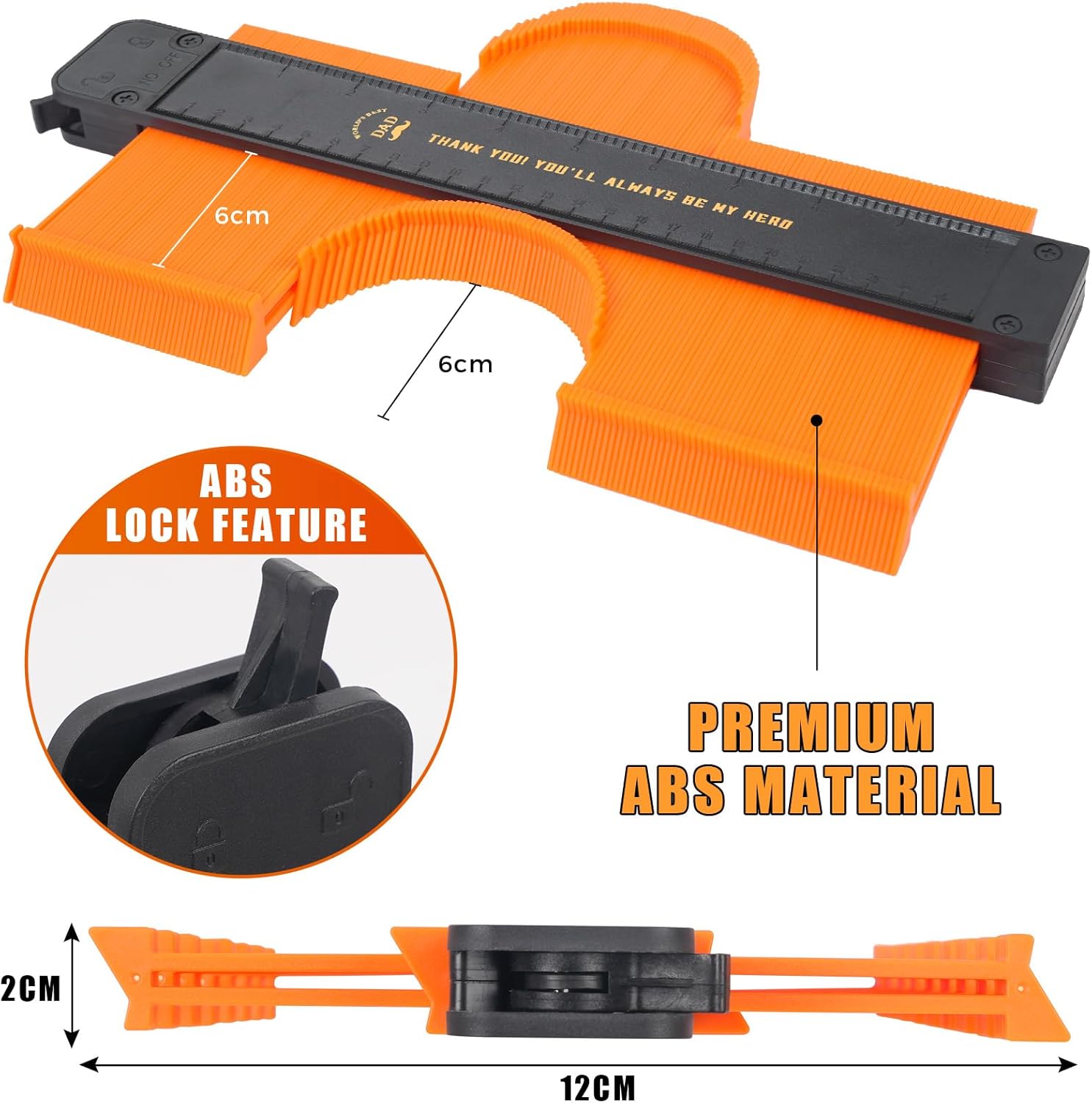 Orange and black tool with measurements and text on a white background