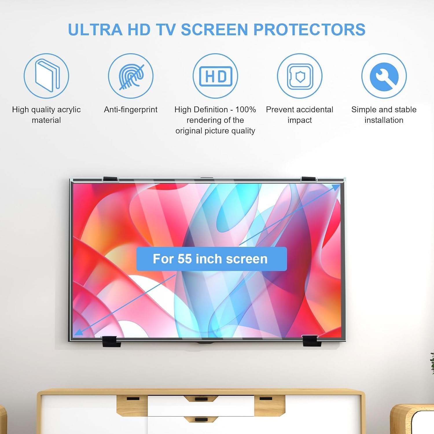 Ultra HD TV screen protectors with features listed above a 55-inch TV screen.