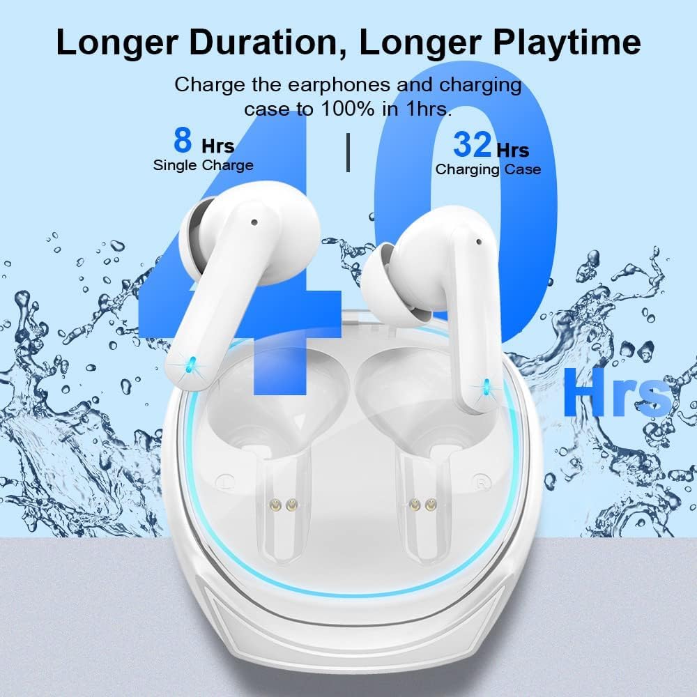 Wireless earbuds with charging case on a blue water splash background, showing charge duration text.