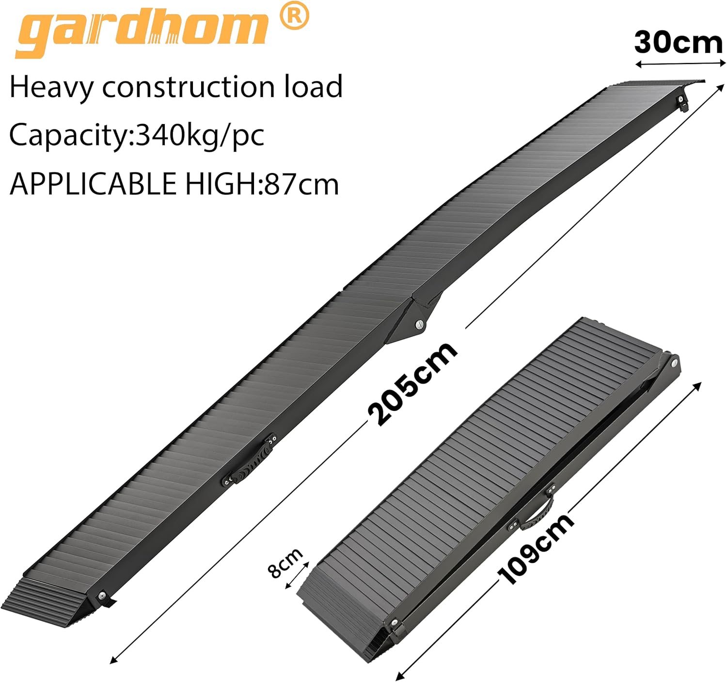 Gardhom 203x28cm Anti-Slip ATV Ramp, 340KG Load, Folding Aluminum w/ Rubber Tips