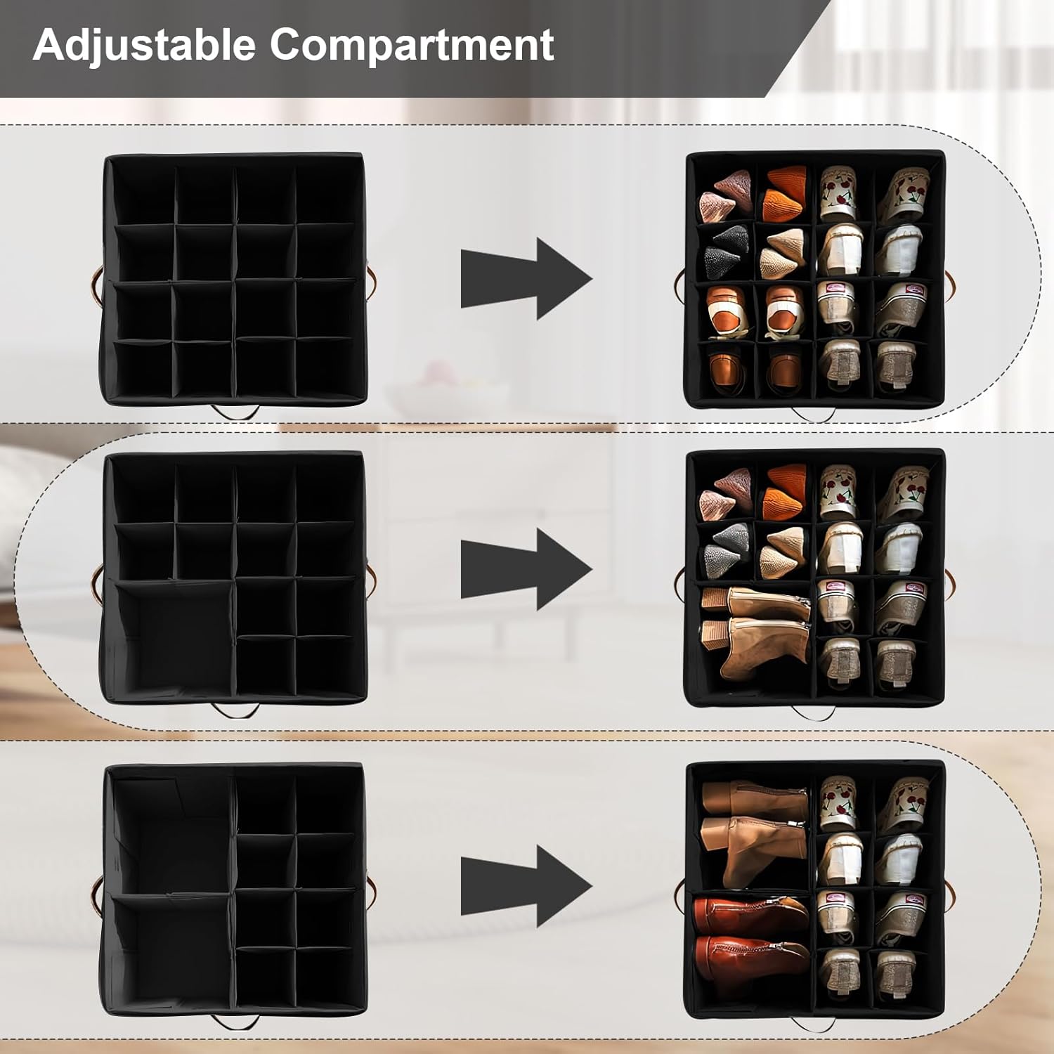 Hiyorsoa 16-Grid Adjustable Shoe Organizer with Clear Dust Cover, Foldable