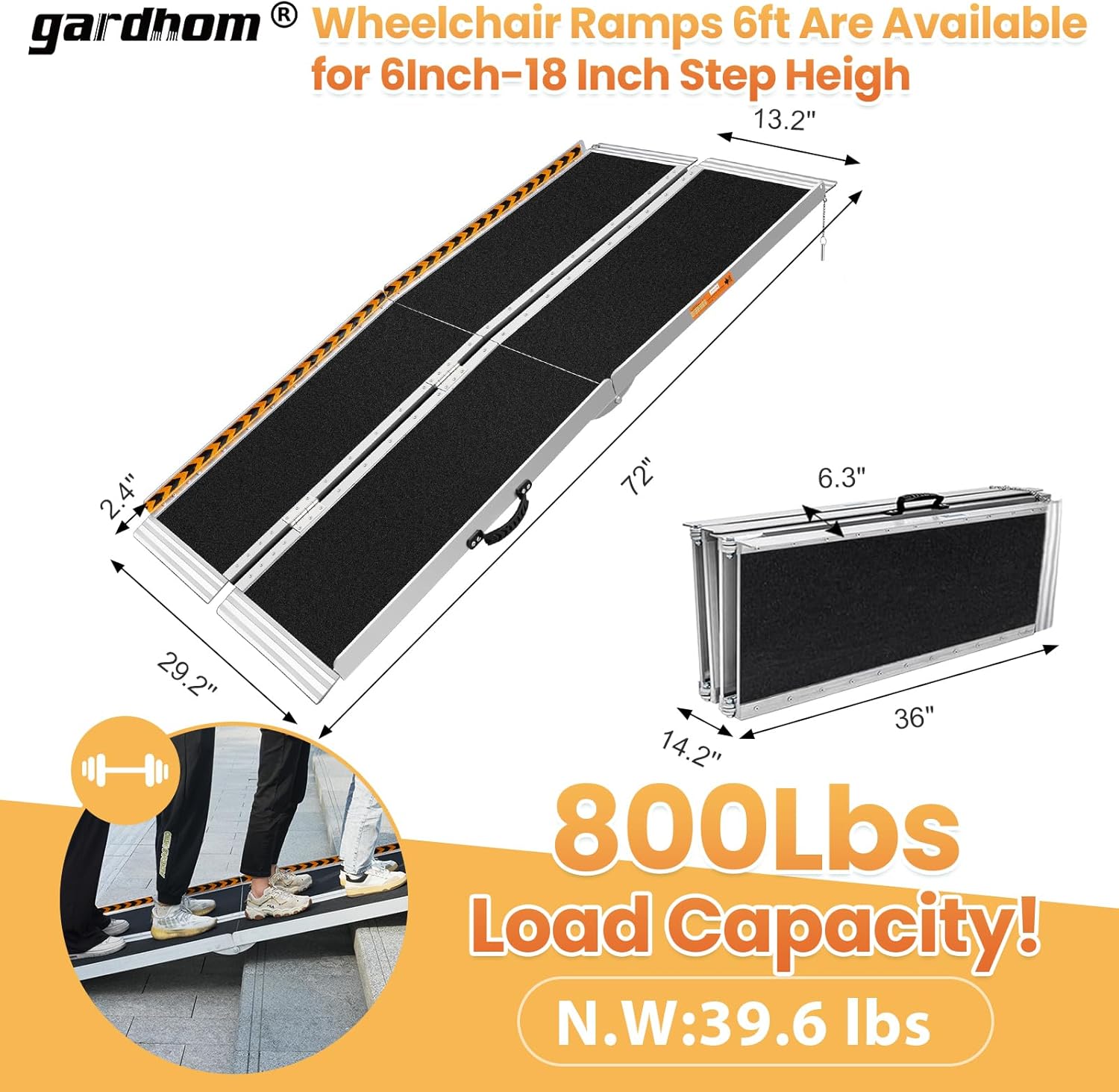 Wheelchair Ramps 6FT, gardhom Portable Aluminum Foldable 36kg Capacity
