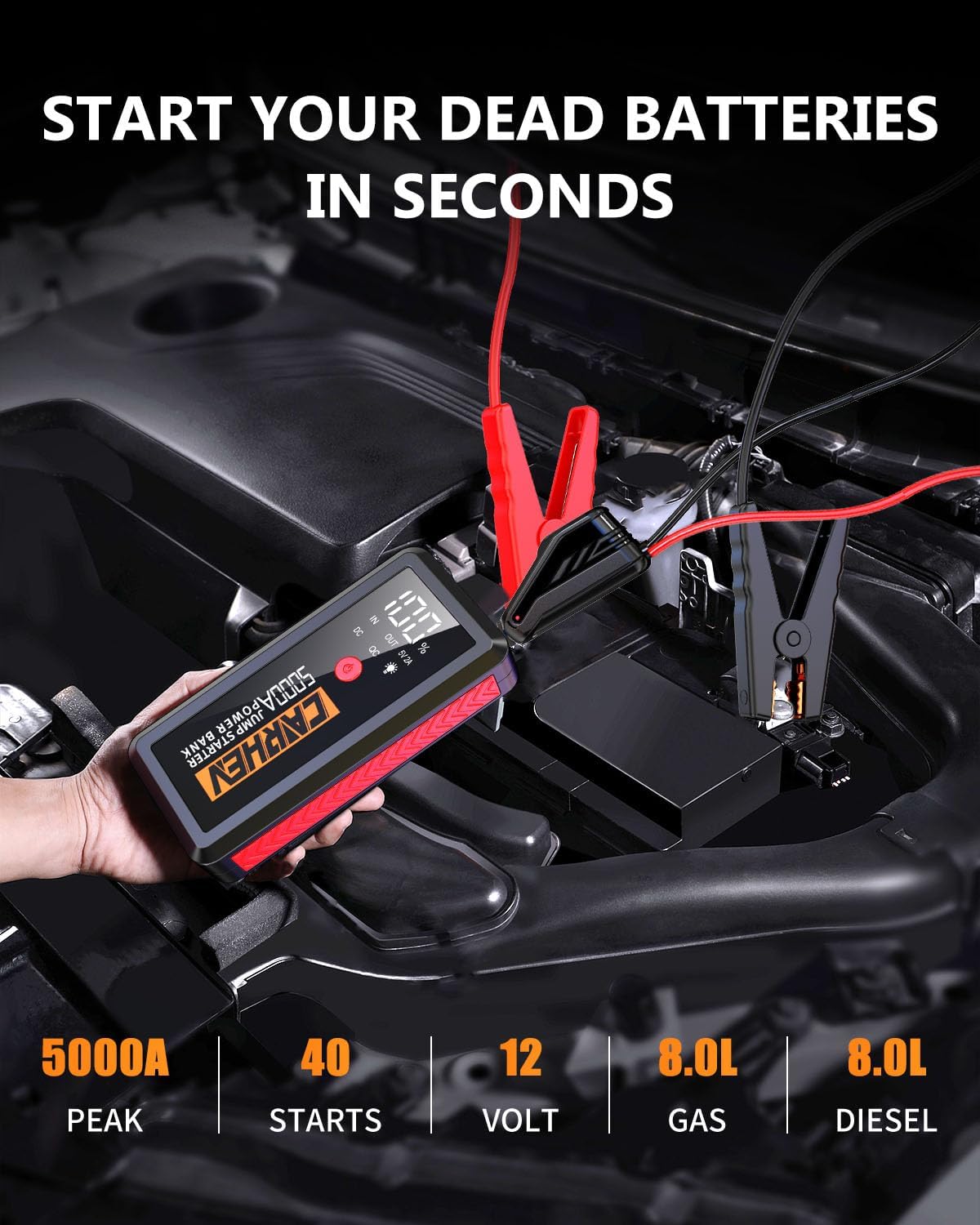 CARHEV 5000A Portable Jump Starter for 12V Cars USB Quick Charge, LED Flashlight