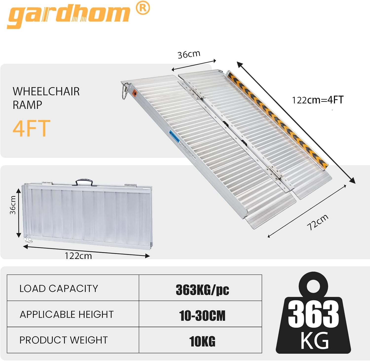 Gardhom 4FT Aluminum Wheelchair Ramp, 363KG Capacity, Folding for Easy Storage