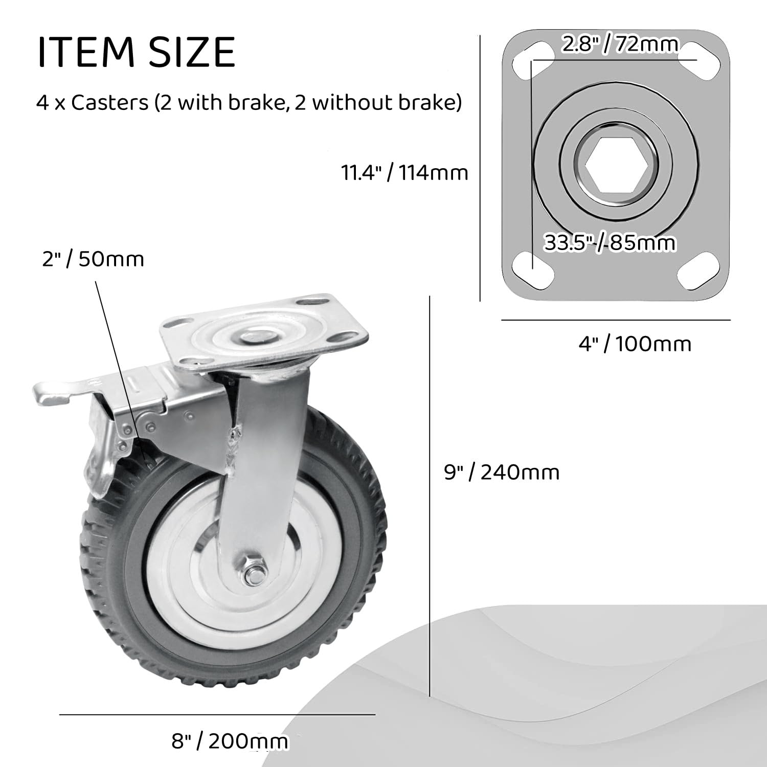 Nisorpa 8'' Heavy Duty Rubber Caster Wheels, Set of 4, 2 Swivel with Brake