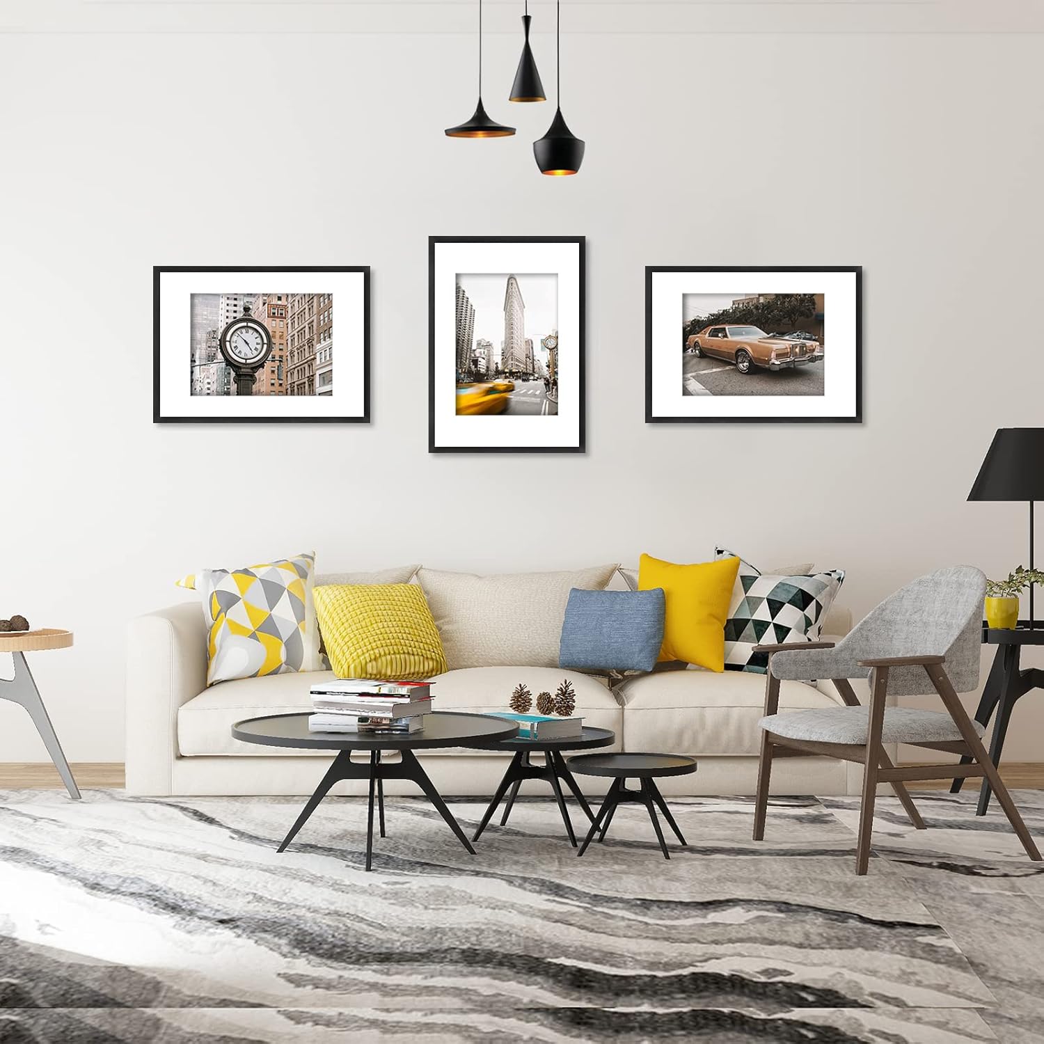 Modern living room with a sofa, coffee table, and wall art