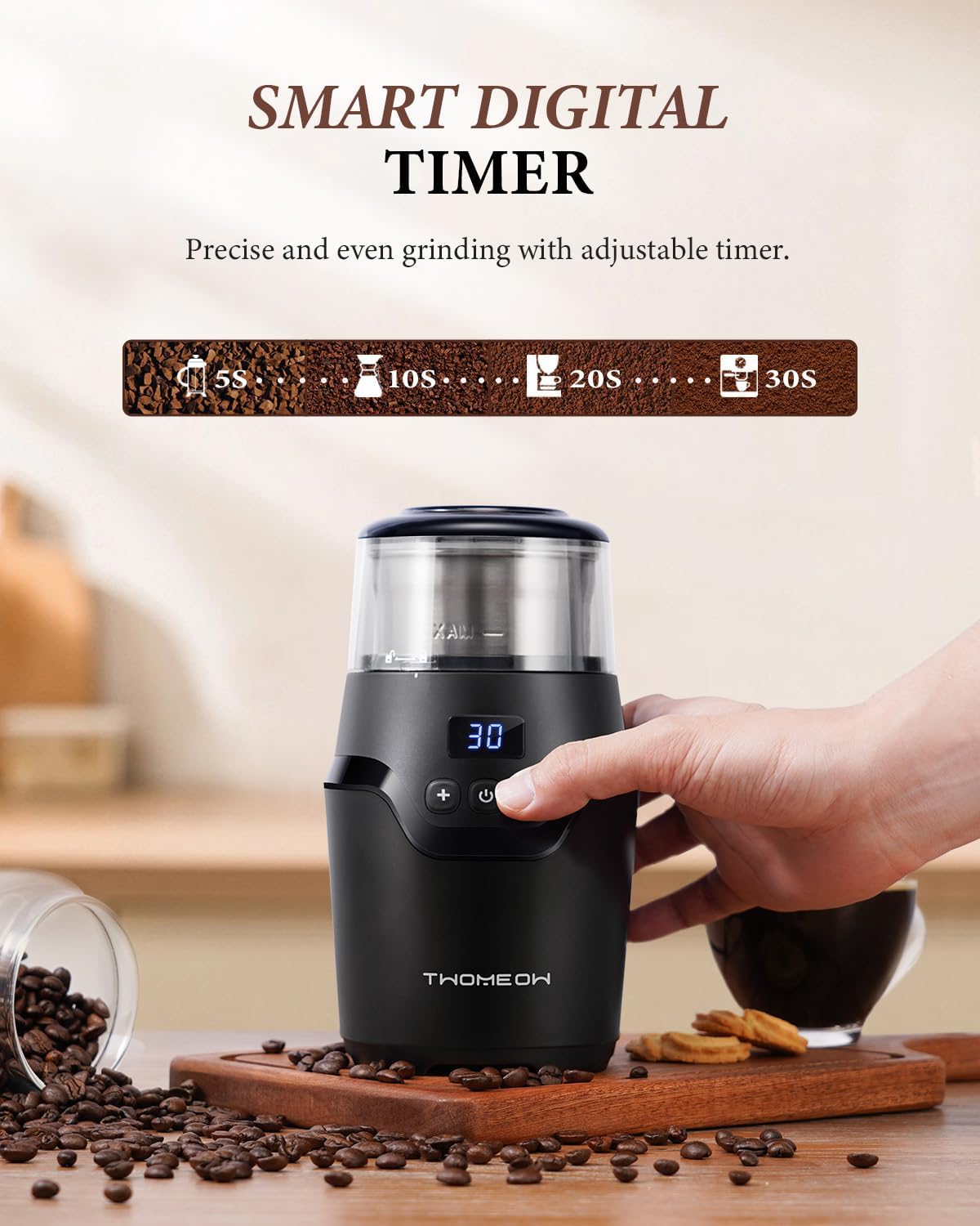 Electric Coffee Spice Grinder Smart Display Wet Dry Grinding Dual Cups
