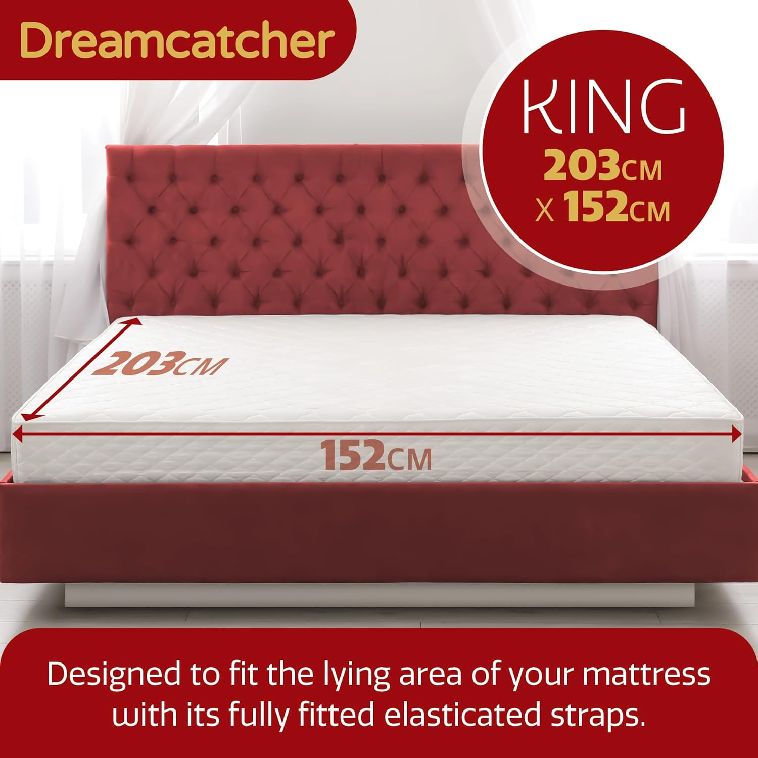 Dreamcatcher mattress with dimensions and headboard on a white background