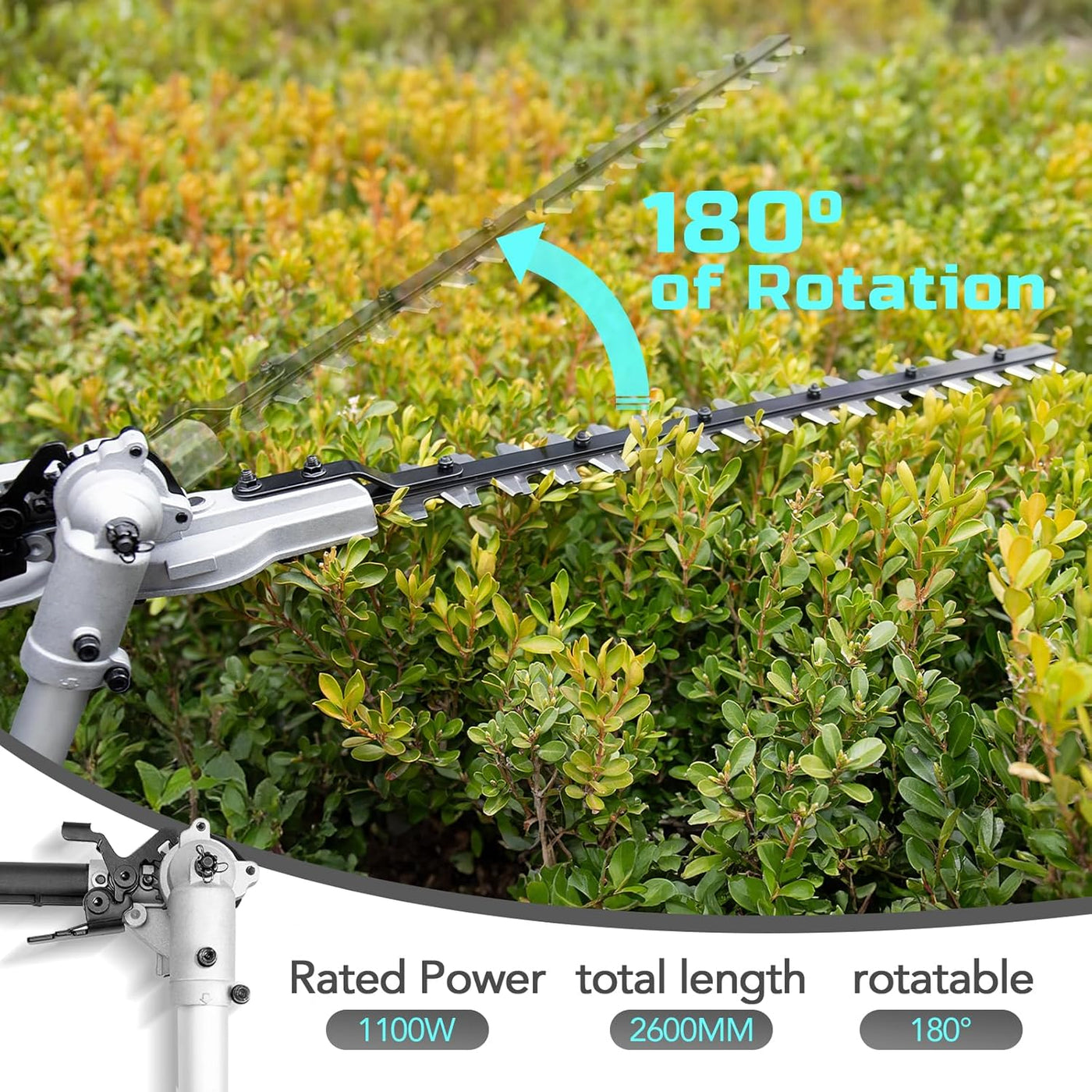 Gardening tool with 180-degree rotation capability being used on a bush.