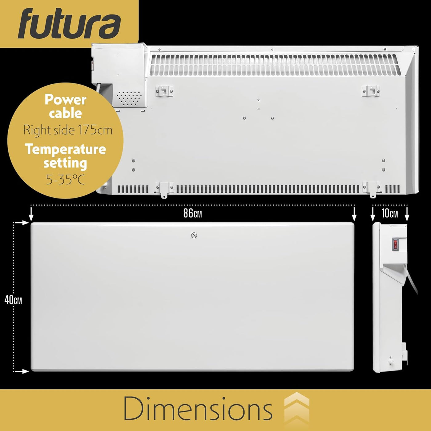 White radiator with dimensions and features labeled, branded 'futura'.