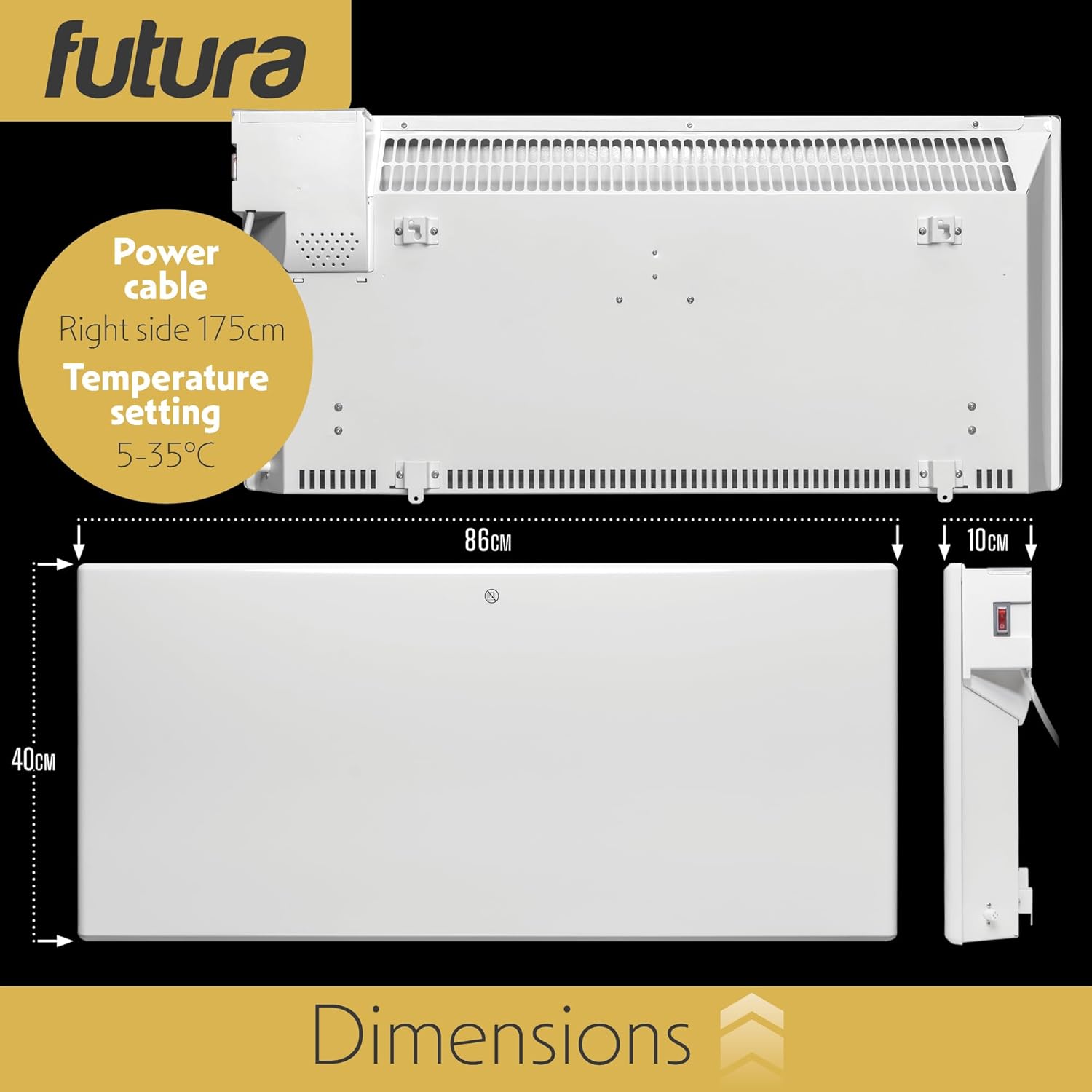 White radiator with dimensions and features labeled, branded 'futura'.