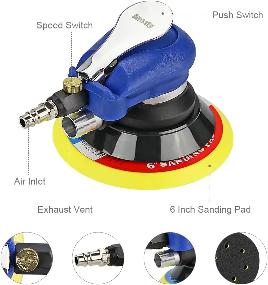 6in Air Random Orbital Sander, Dual Action with Dust Collection & Sandpapers