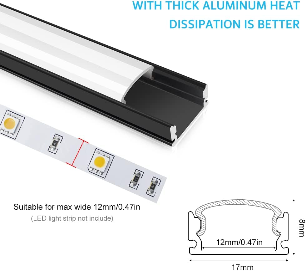 LightingWill 6-Pack LED Aluminum Channel, 3.3ft U-Shape, Black with Accessories