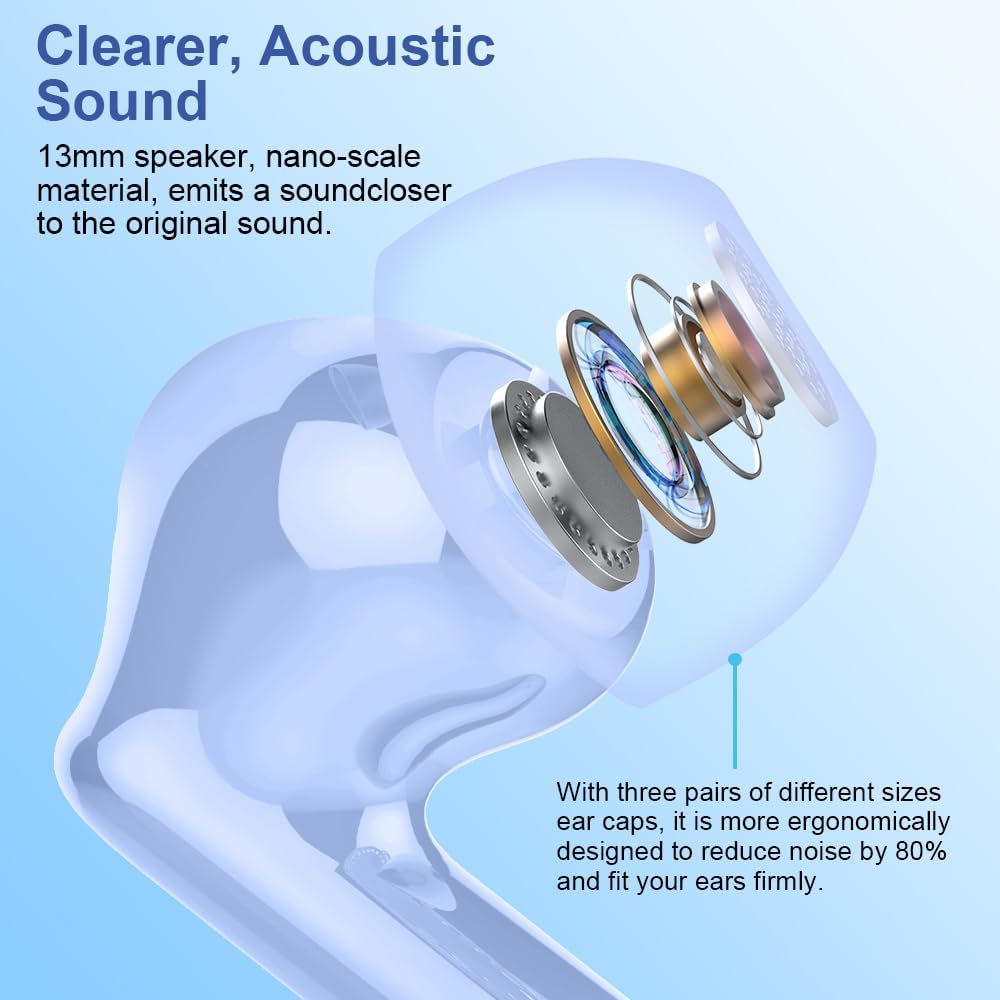 Close-up of a wireless earbud with technical details on a light blue background