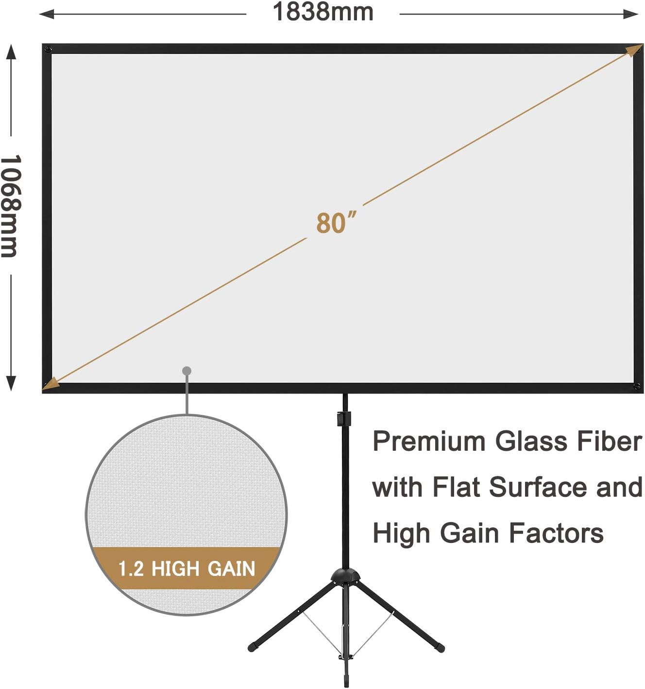 80'' Projector Screen with Stand 16:9 Portable Easy Setup for Home & Outdoor Use