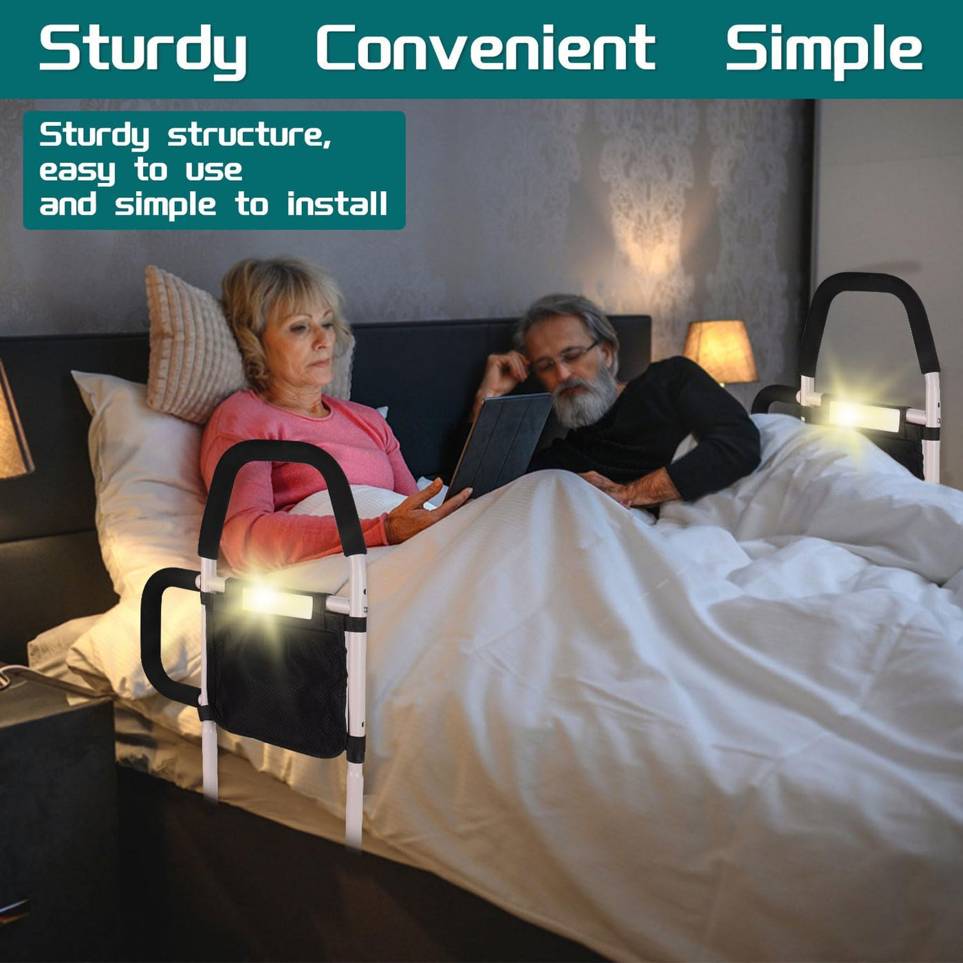 SHTALHST Bed Rails with Motion Light & Storage, Mobility Aid for Disabled