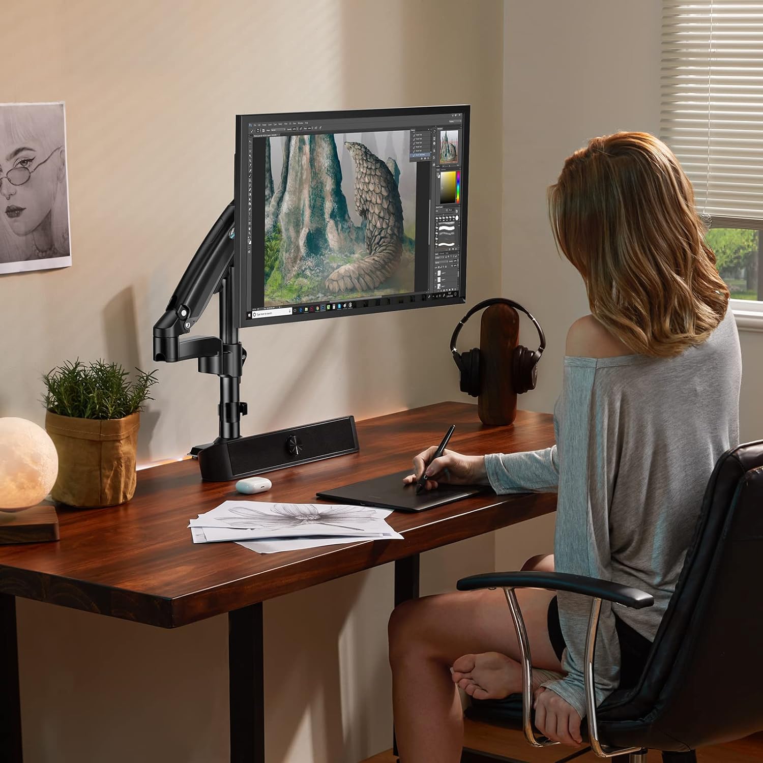 HUANUO Monitor Arm 13"-34" with Pole & Gas Spring, VESA Desk Mount
