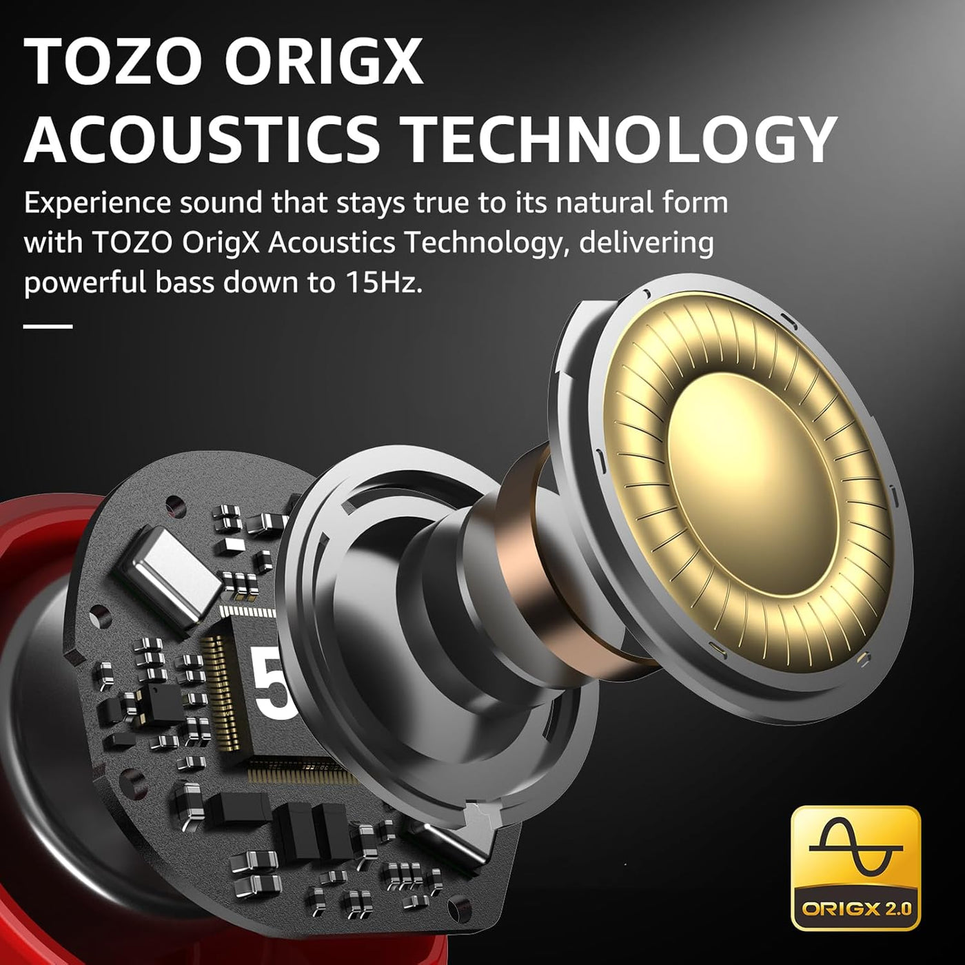 TOZO OrigX Acoustics Technology speaker driver with gold cone and electronic components on a dark background.