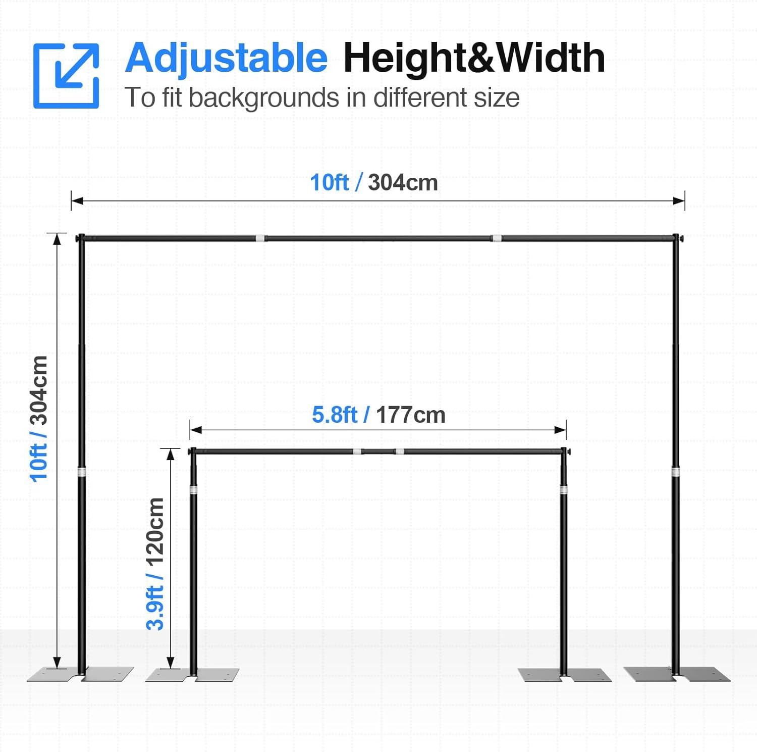 Diagram of an adjustable height and width structure with measurements on a white background.