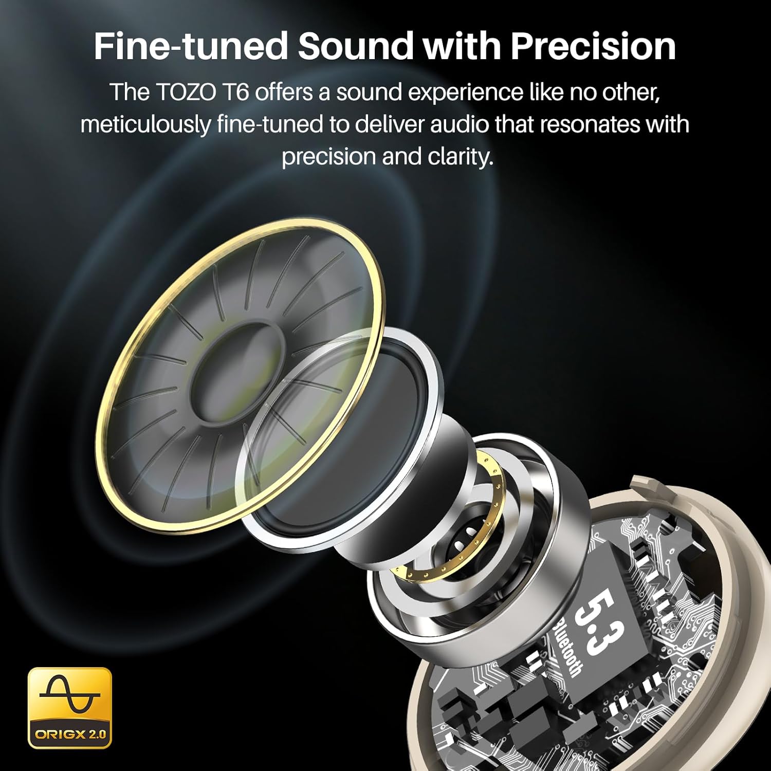 Close-up of a TOZO T6 speaker with text highlighting its sound quality.