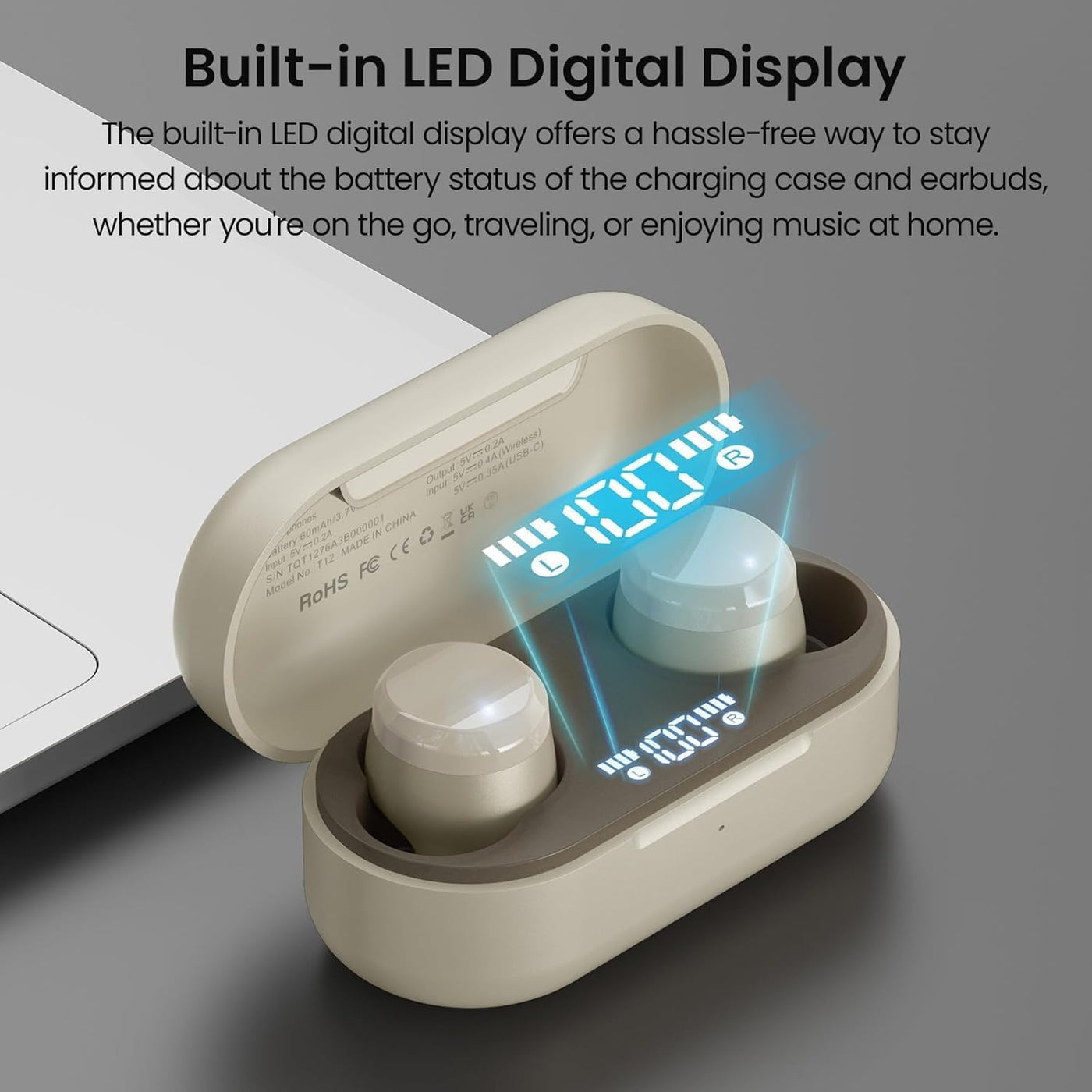 Wired earbuds in a charging case with a digital display on a gray background