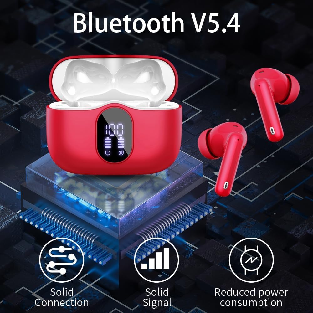 Red wireless earbuds with charging case on a technological background