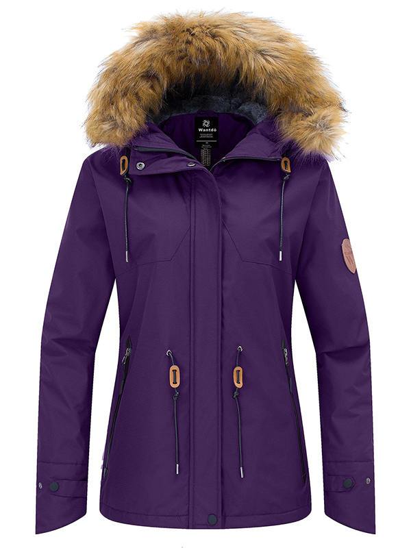 Purple winter jacket with fur-lined hood on a white background