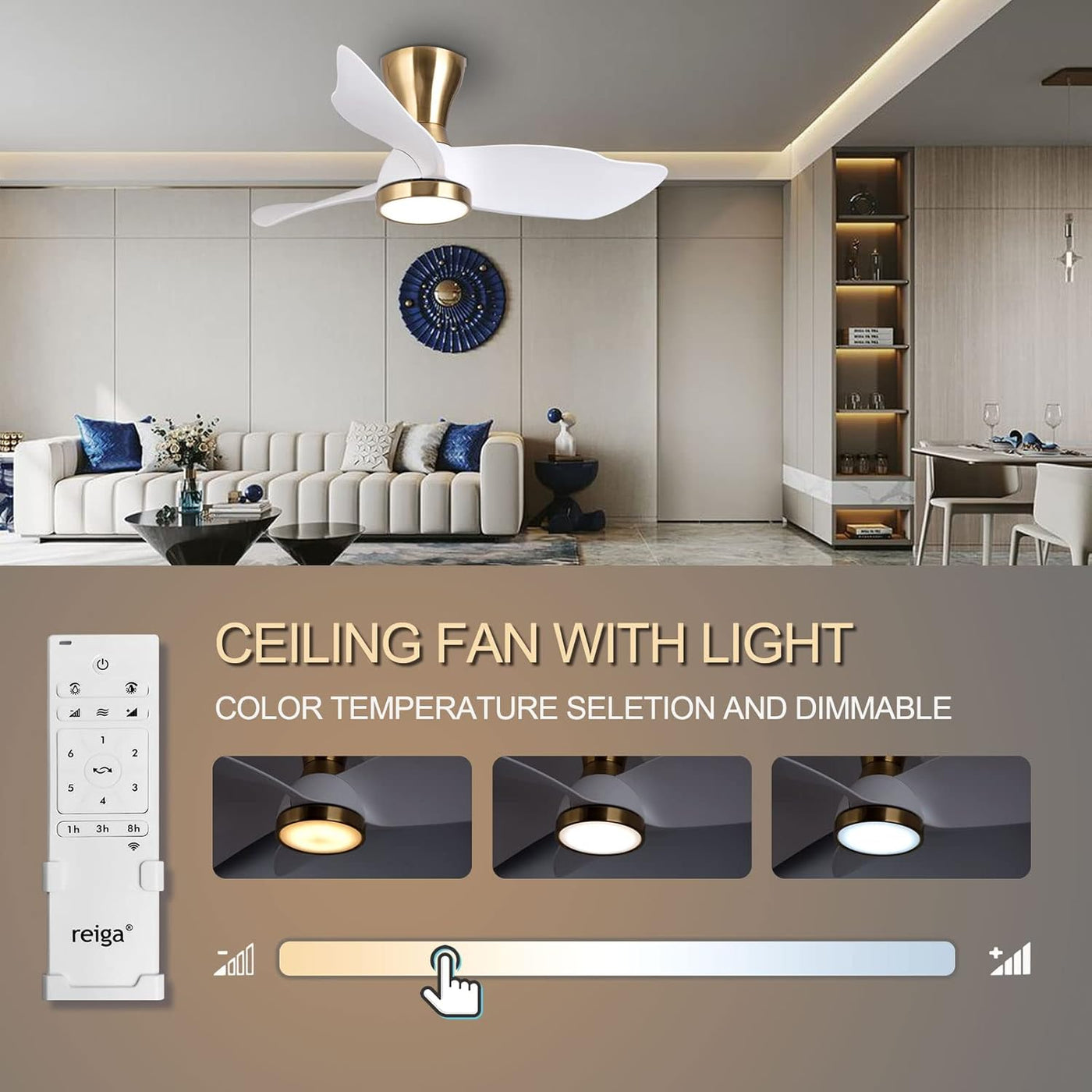 Reiga 91cm Flush Mount DC Ceiling Fan with Dimmable Light & Remote, Modern Style