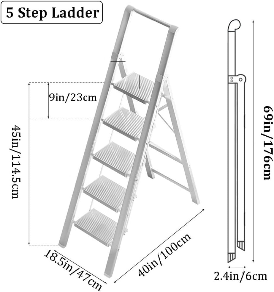 HBTower 5 Step Ladder, Aluminium, Handrails, Foldable, 150kg Capacity, White