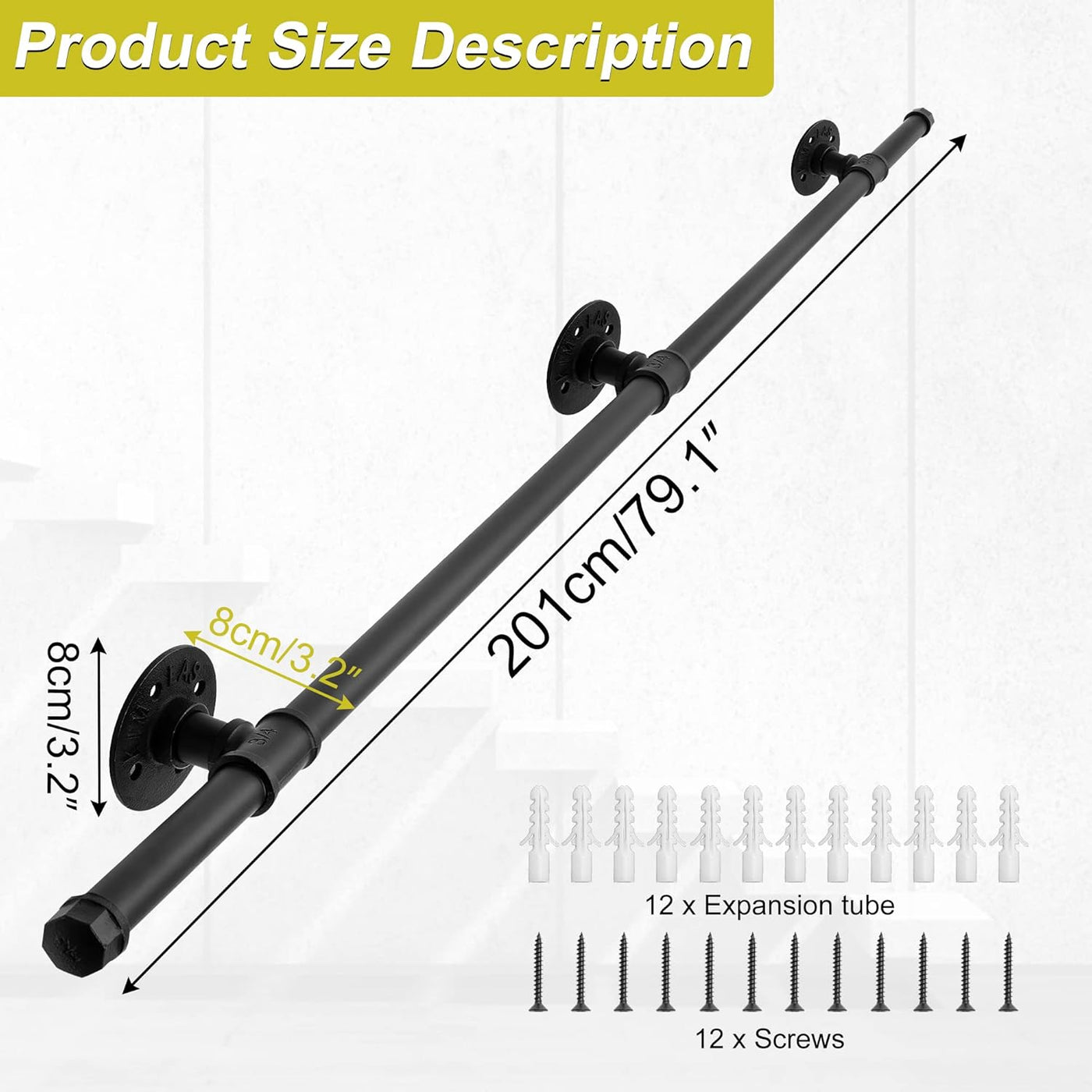 BQKOZFIN 6.6FT Metal Handrail, Non-Slip Iron Pipe, Wall Mount for Stairs, Black