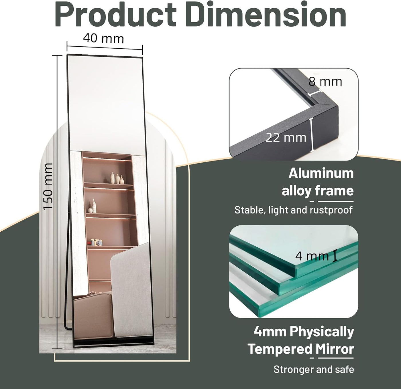 Full Length Mirror 150x40cm Free Standing Hanging Leaning Black Frame Beauty4U