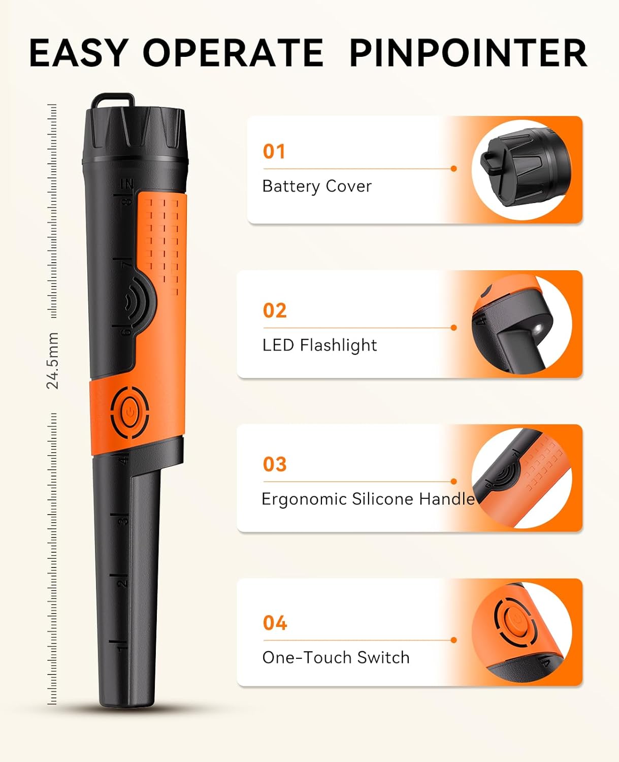 Pinpointer with features highlighted on a white background