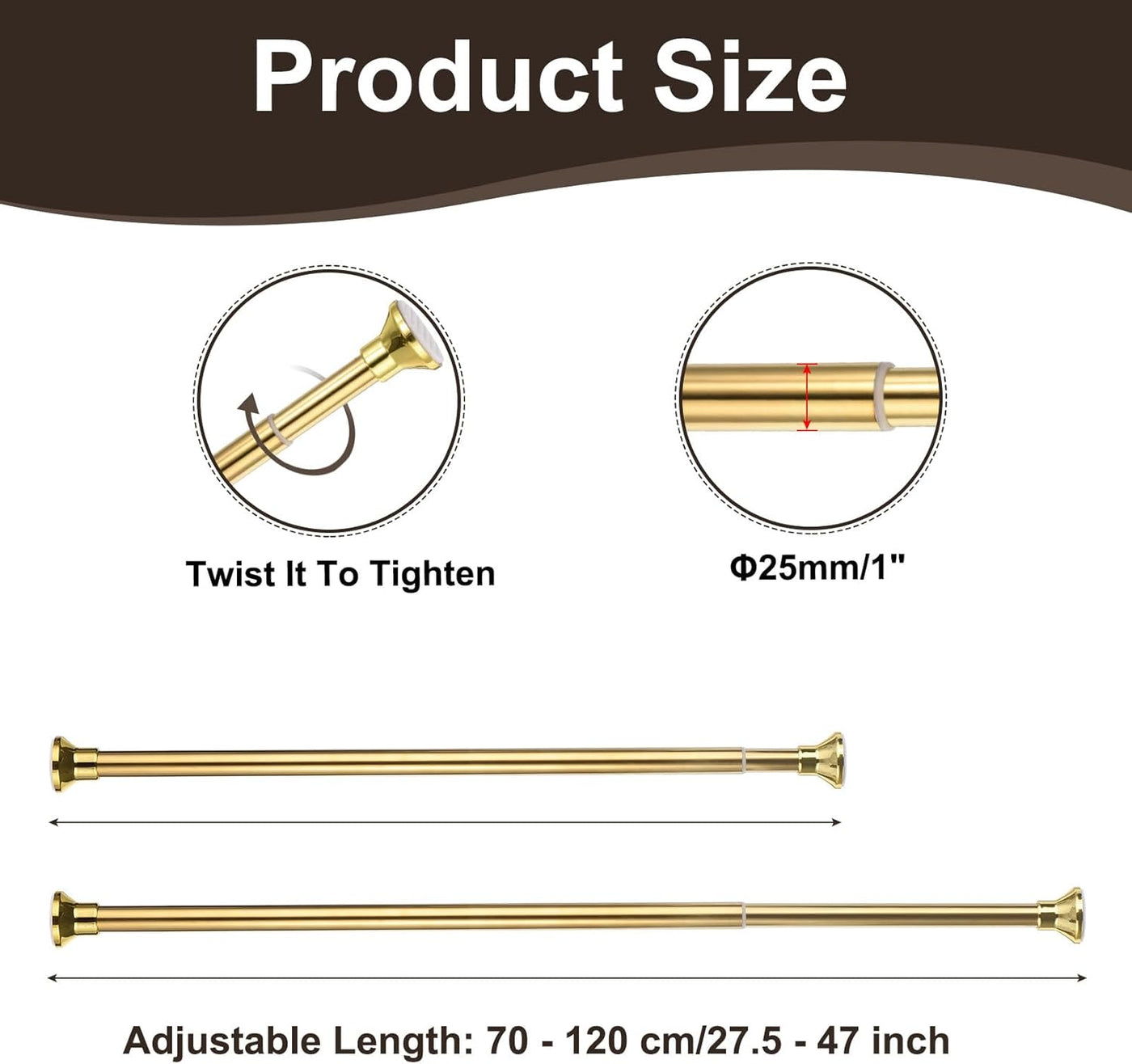 Spring Tension Shower Curtain Rod 70-120cm Adjustable with Rings Gold