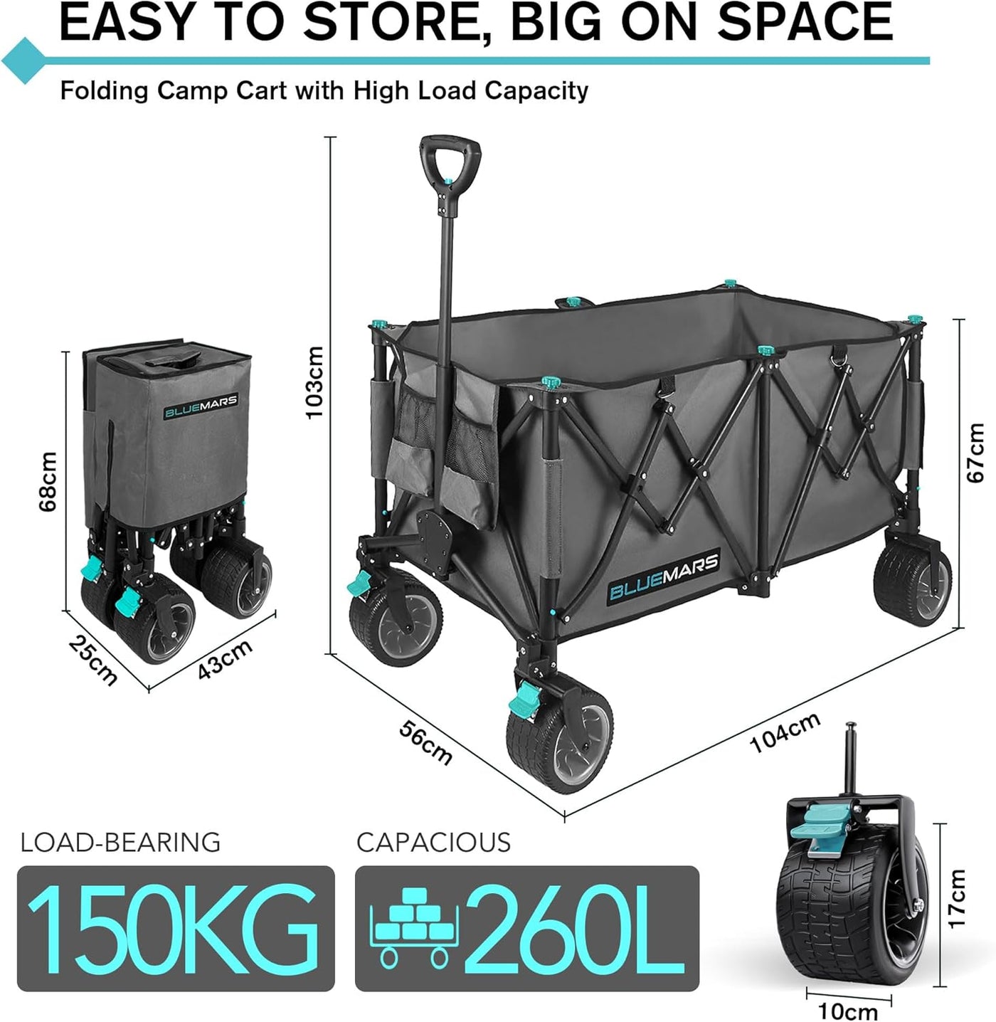 Collapsible Garden Wagon 150kg Folding Camping Trolley All Terrain Bluemars