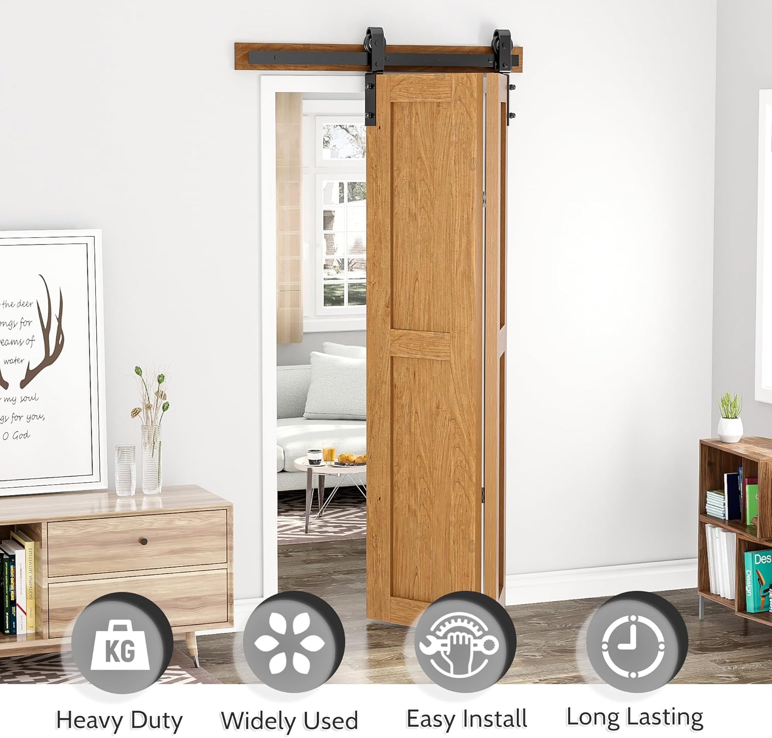 Wooden sliding door in a room with furniture and decor elements.