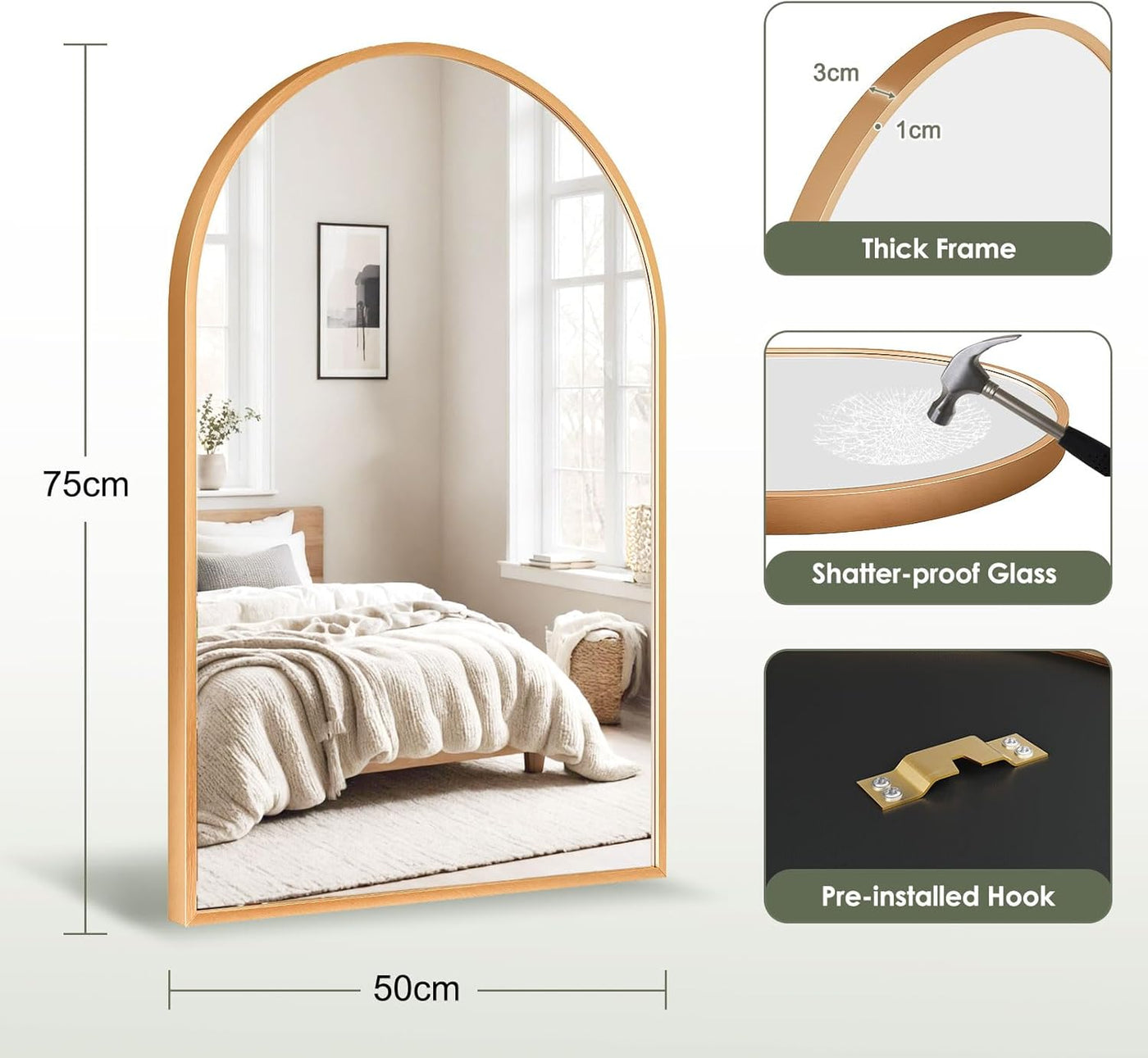 Arched Wall Mirror Gold 50x75cm Wall Mounted Leaning Bathroom Dripex