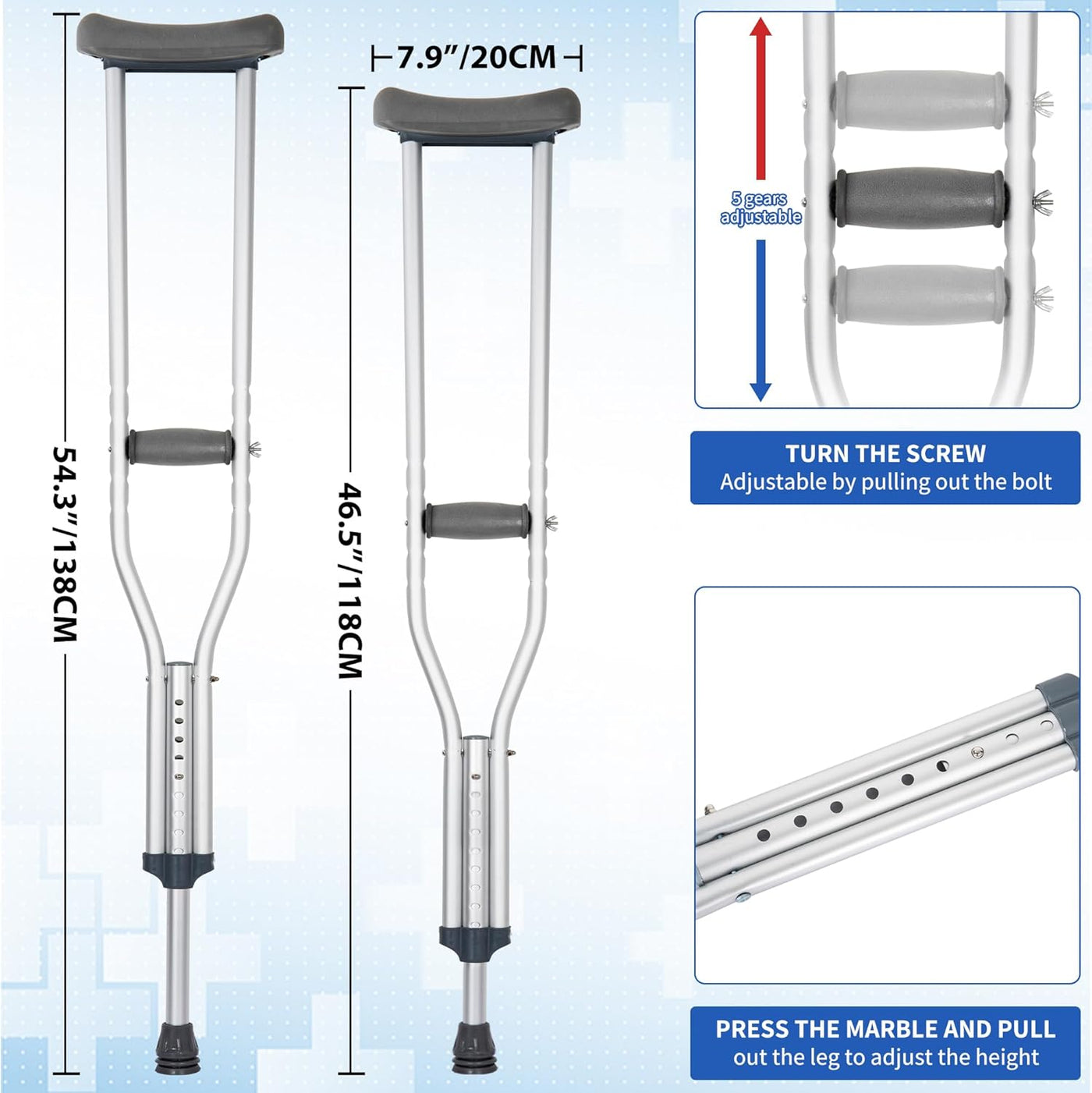 Adjustable Underarm Crutches, Aluminum, Non-Slip, 330lbs Capacity (Medium)