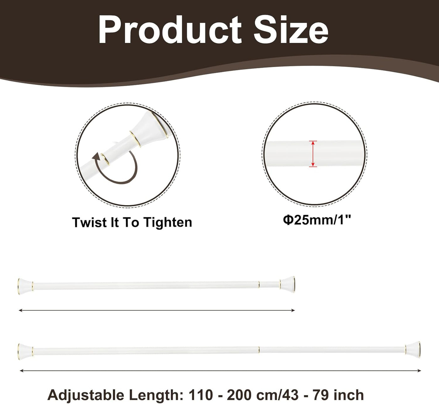Spring Tension Curtain Rod Adjustable 43-79 Inch Stainless Steel White Gold